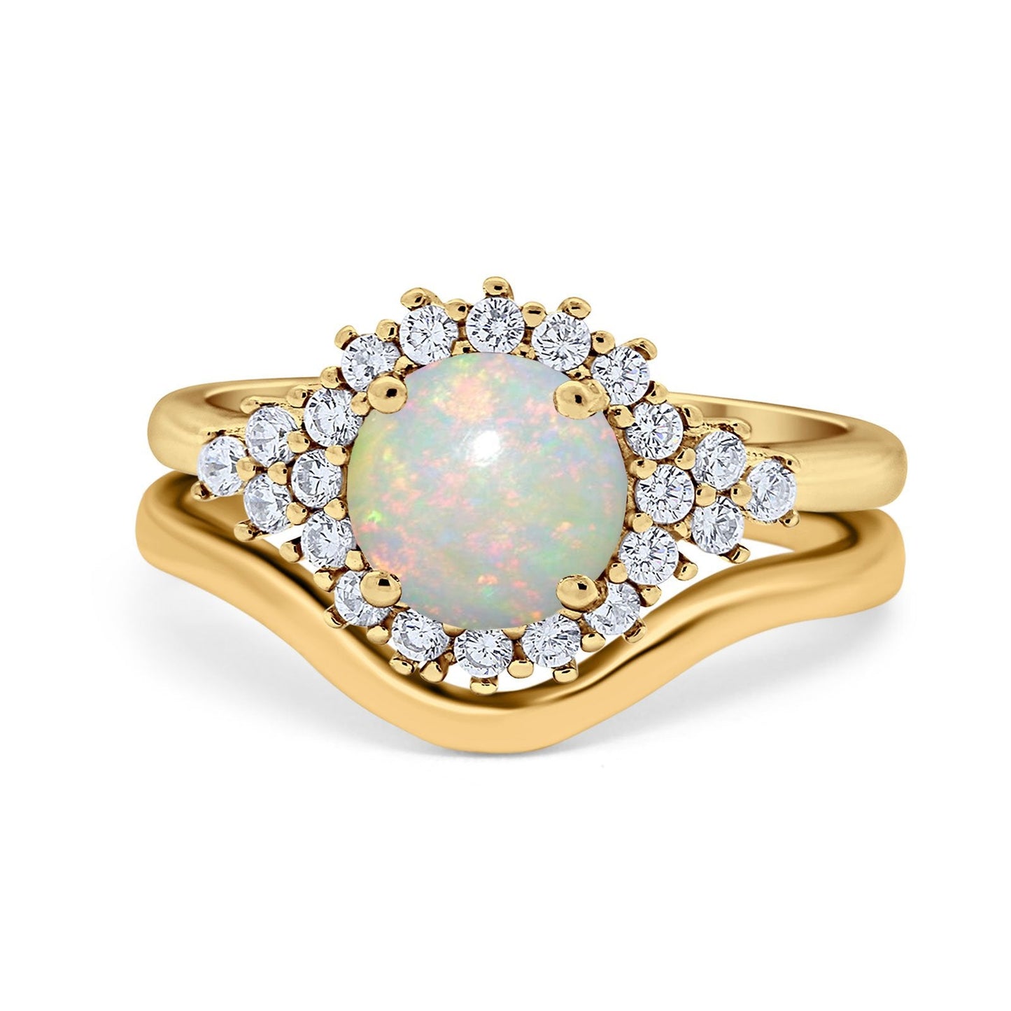 14K Yellow Gold 0.31ct Round Two Piece Halo 7mm G SI Natural White Opal Diamond Engagement Wedding Ring Size 6.5