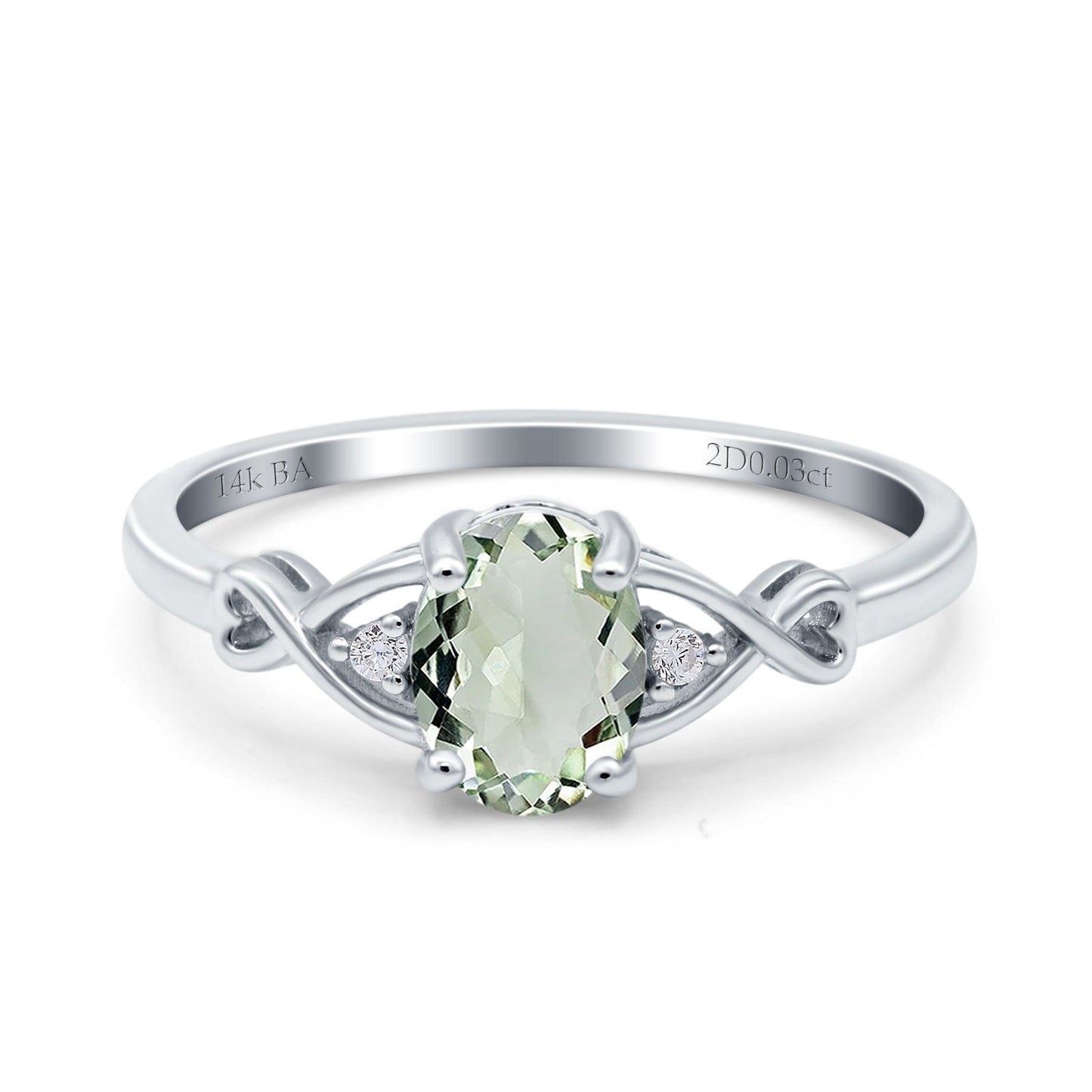 14K White Gold 1.24ct Oval Filigree Infinity 8mmx6mm G SI Natural Green Amethyst Diamond Engagement Wedding Ring Size 6.5