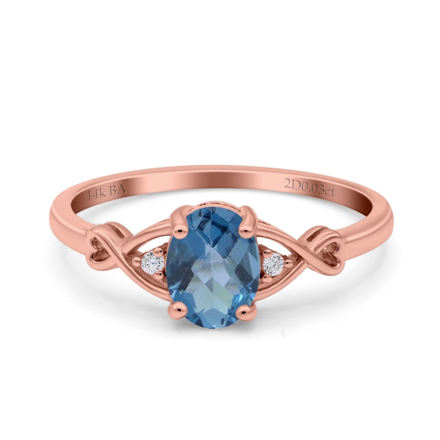 14K Rose Gold 1.24ct Oval Filigree Infinity 8mmx6mm G SI London Blue Topaz Diamond Engagement Wedding Ring Size 6.5