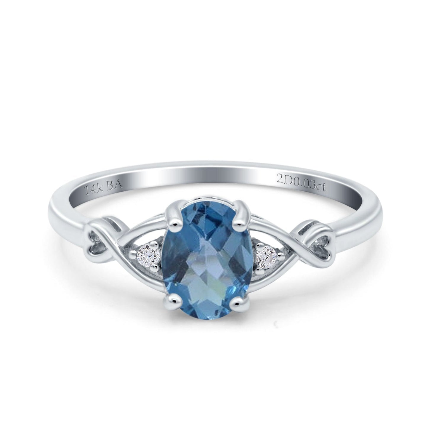 14K White Gold 1.24ct Oval Filigree Infinity 8mmx6mm G SI London Blue Topaz Diamond Engagement Wedding Ring Size 6.5