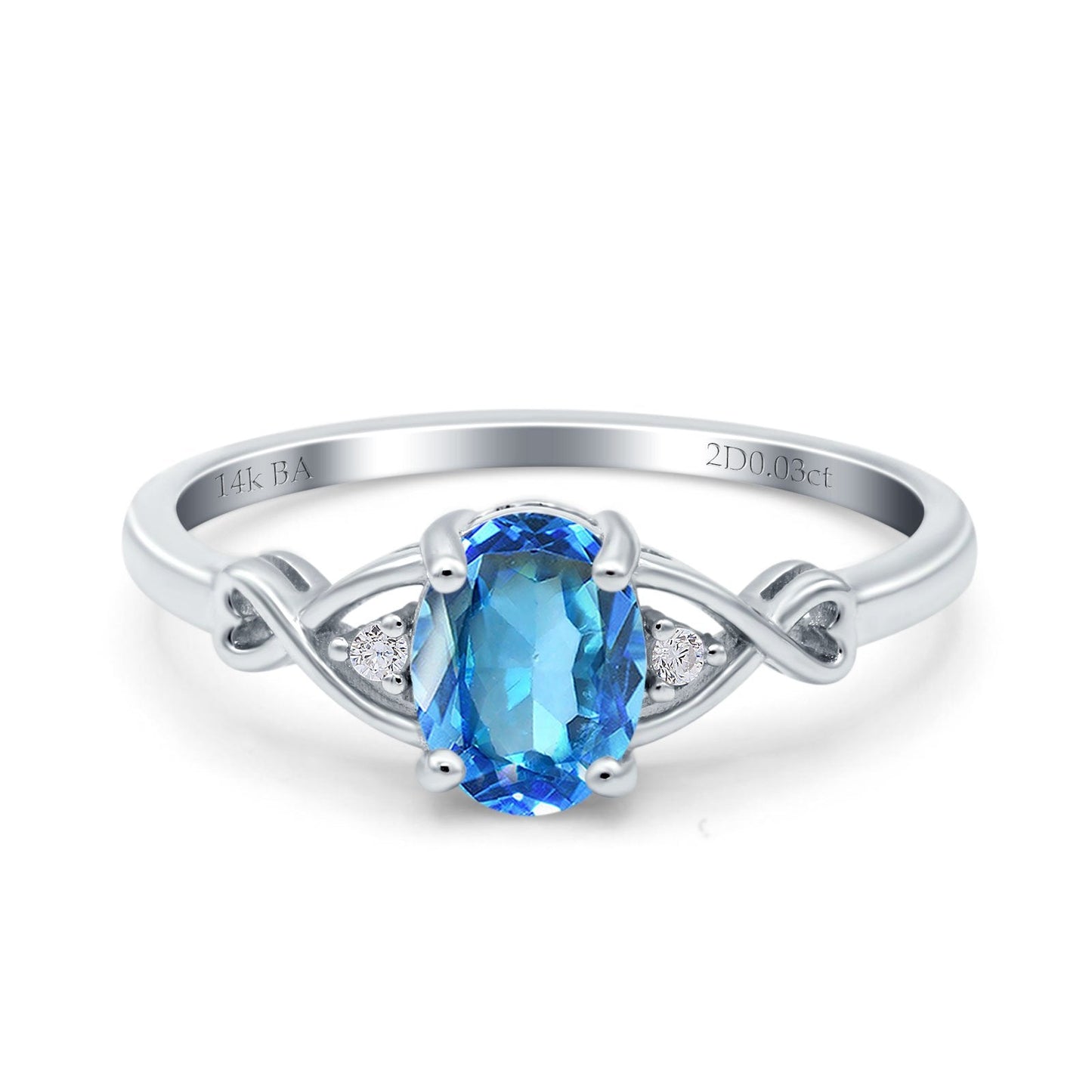 14K White Gold 1.24ct Oval Filigree Infinity 8mmx6mm G SI Natural Blue Topaz Diamond Engagement Wedding Ring Size 6.5