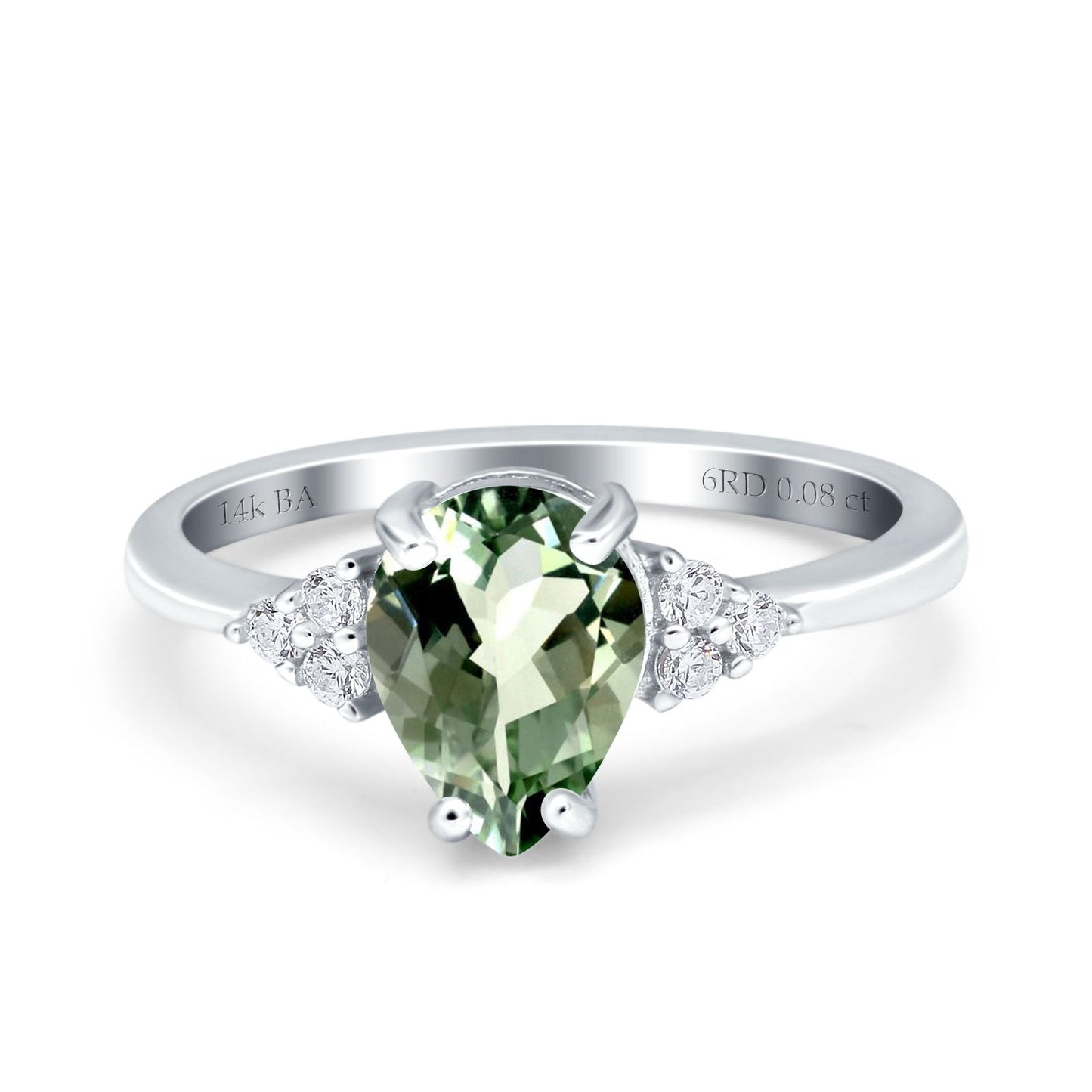 14K White Gold 1.33ct Teardrop Pear 8mmx6mm G SI Natural Green Amethyst Diamond Engagement Wedding Ring Size 6.5