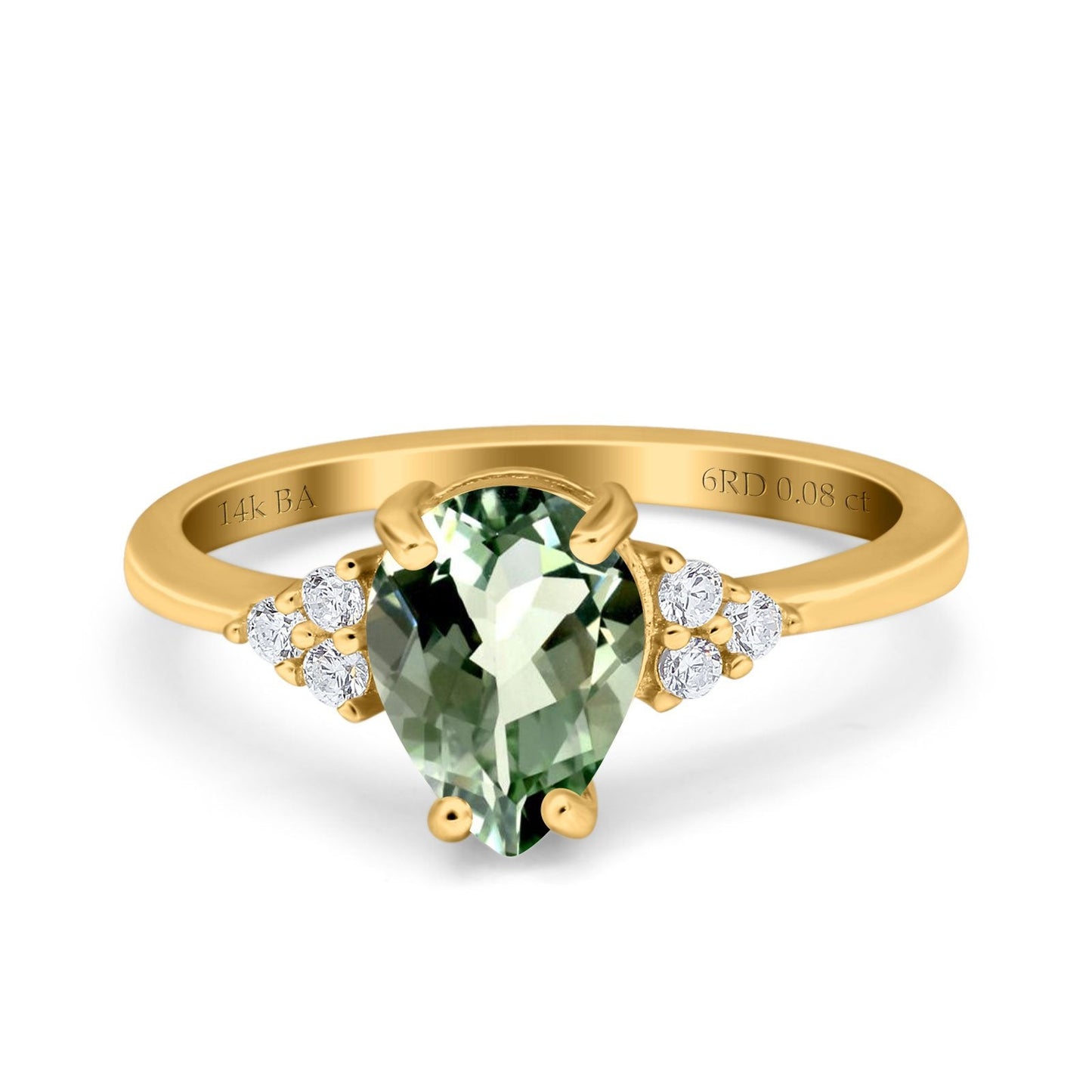 14K Yellow Gold 1.33ct Teardrop Pear 8mmx6mm G SI Natural Green Amethyst Diamond Engagement Wedding Ring Size 6.5