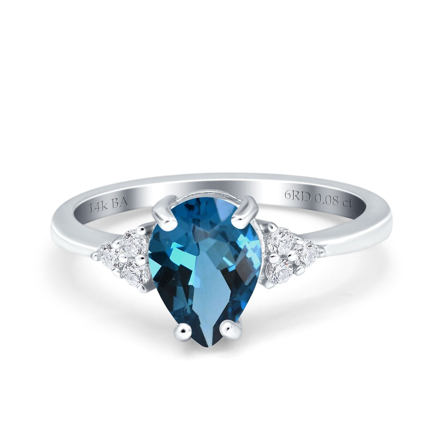 Bague de fiançailles en or blanc 14 carats avec topaze bleue de Londres en forme de poire de 1,33 ct et diamant de 8 mm x 6 mm G SI, taille 6,5