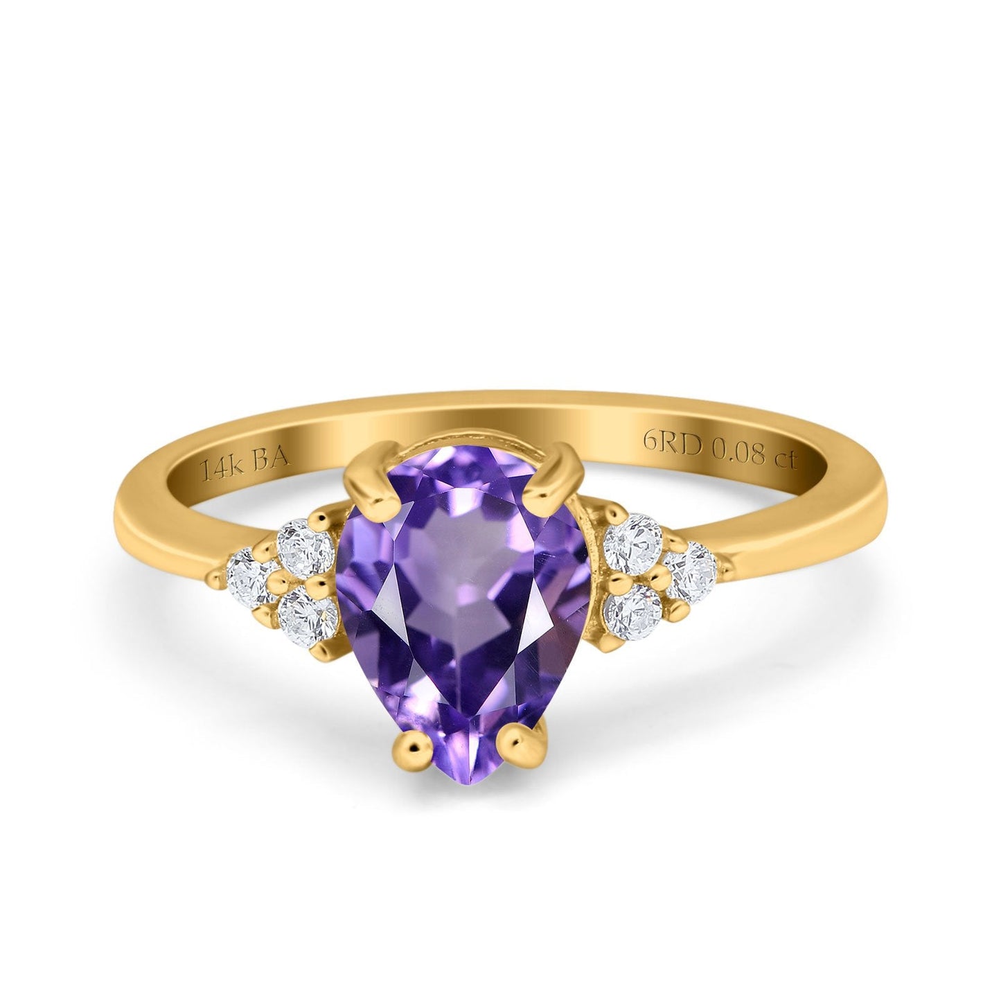 14K Yellow Gold 1.33ct Teardrop Pear 8mmx6mm G SI Natural Amethyst Diamond Engagement Wedding Ring Size 6.5