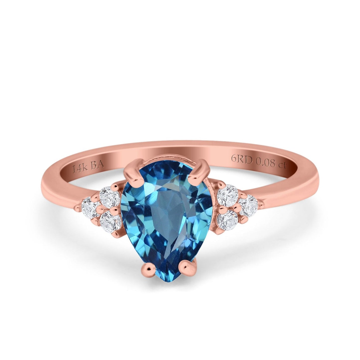 14K Rose Gold 1.33ct Teardrop Pear 8mmx6mm G SI Natural Blue Topaz Diamond Engagement Wedding Ring Size 6.5