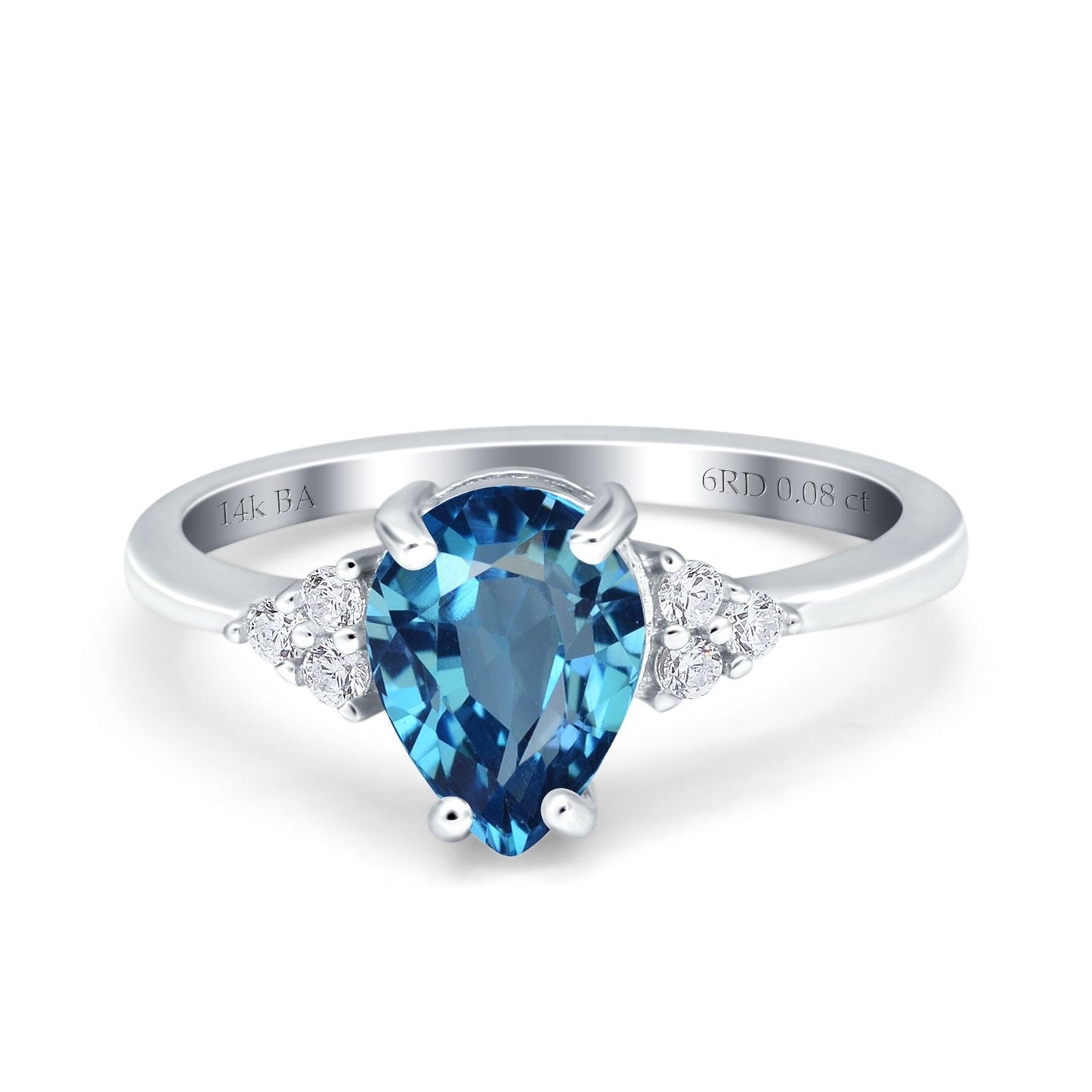 Bague de fiançailles en or blanc 14 carats avec topaze bleue naturelle en forme de poire en forme de larme de 1,33 ct, 8 mm x 6 mm, taille G SI, taille 6,5