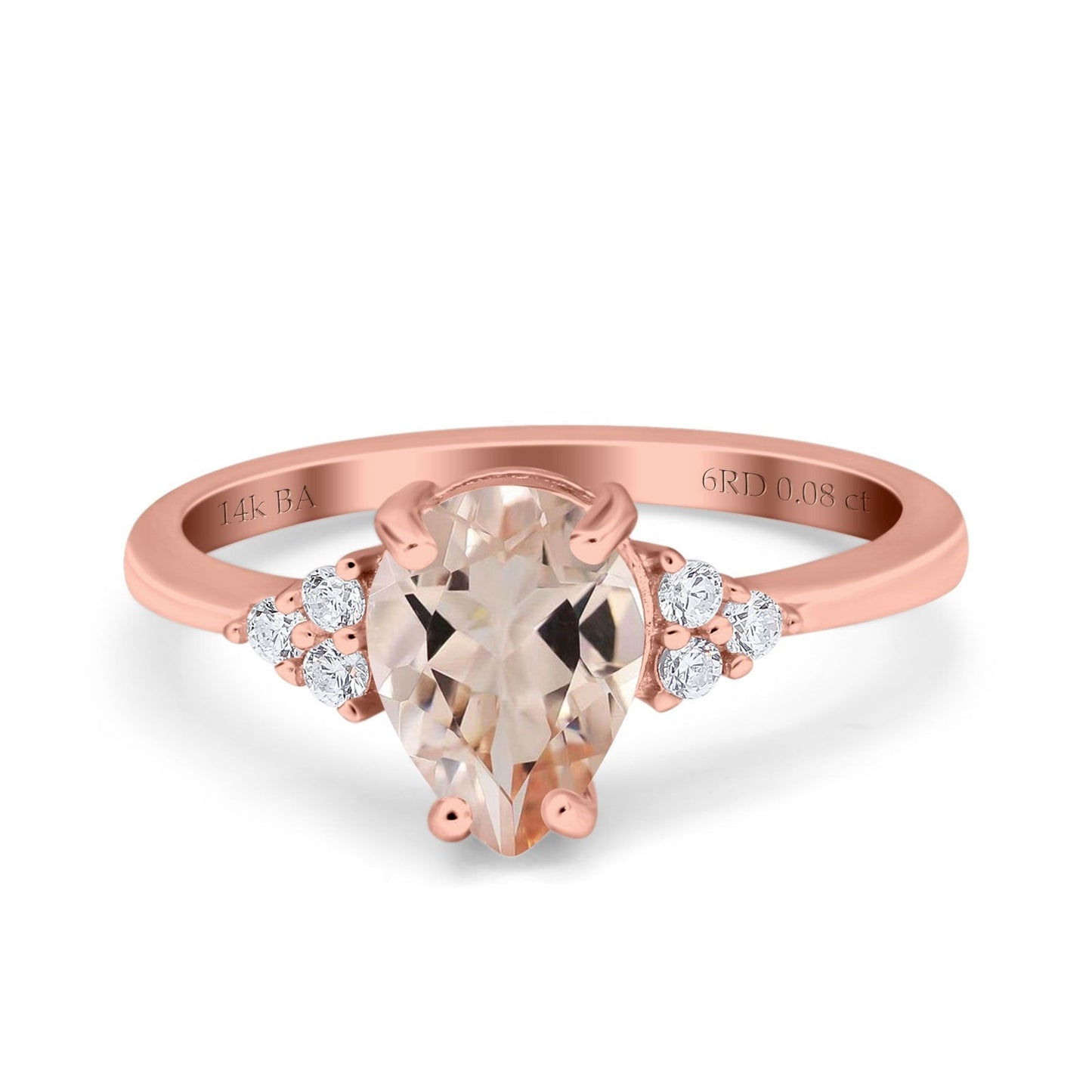 14K Rose Gold 1.33ct Teardrop Pear 8mmx6mm G SI Natural Morganite Diamond Engagement Wedding Ring Size 6.5