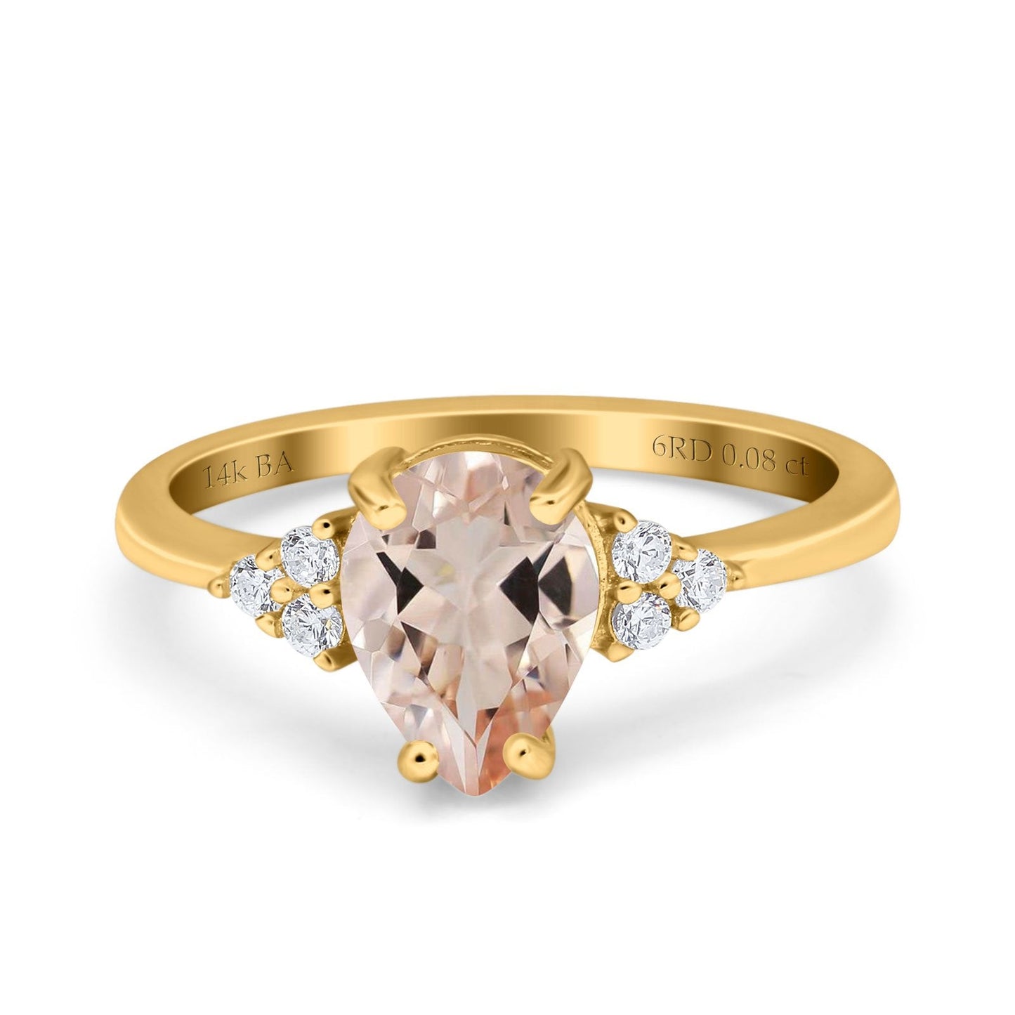 14K Yellow Gold 1.33ct Teardrop Pear 8mmx6mm G SI Natural Morganite Diamond Engagement Wedding Ring Size 6.5