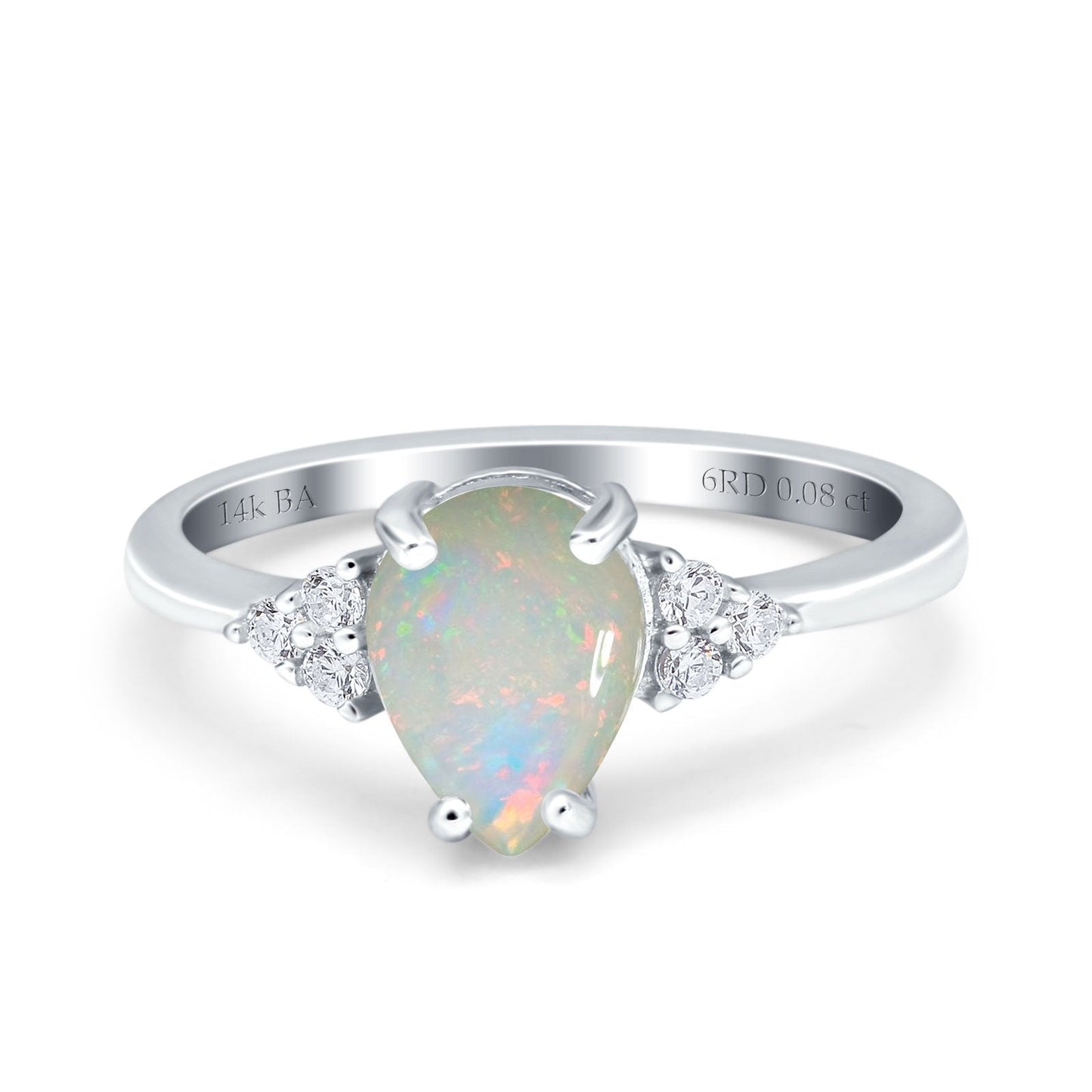 14K White Gold 0.08ct Teardrop Pear 8mmx6mm G SI Natural White Opal Diamond Engagement Wedding Ring Size 6.5