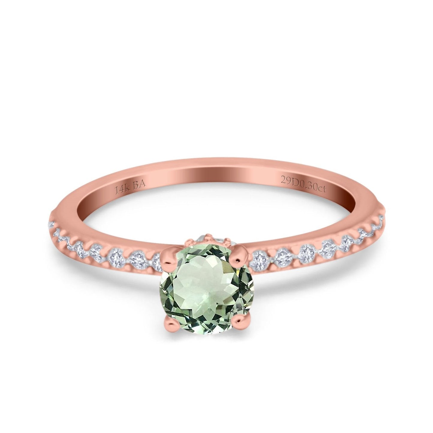 14K Rose Gold 1.14ct Round Accent Vintage 6mm G SI Natural Green Amethyst Diamond Engagement Wedding Ring Size 6.5