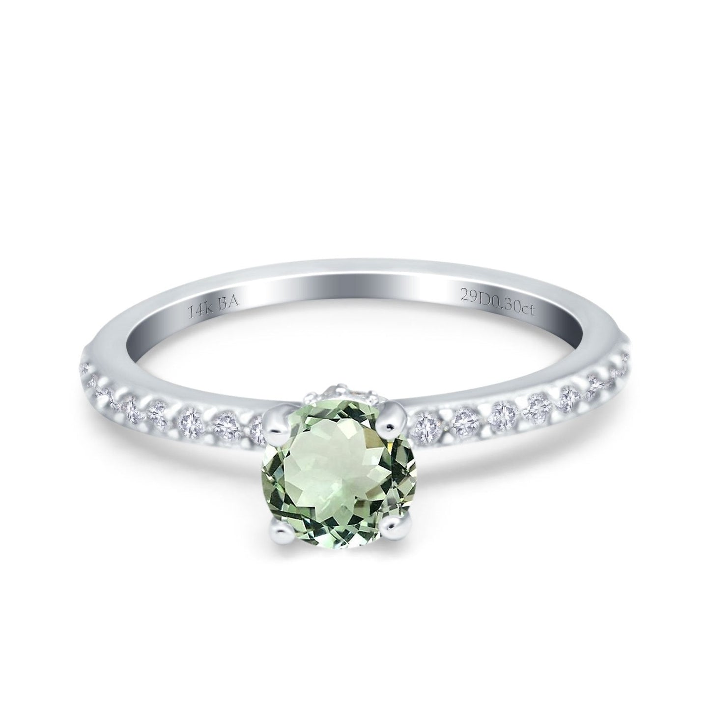 14K White Gold 1.14ct Round Accent Vintage 6mm G SI Natural Green Amethyst Diamond Engagement Wedding Ring Size 6.5