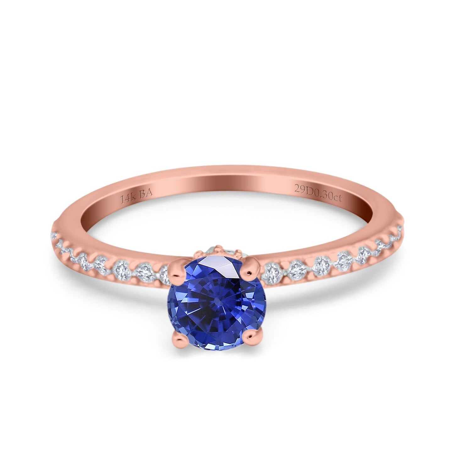 14K Rose Gold 1.14ct Round Accent Vintage 6mm G SI Nano Blue Sapphire Diamond Engagement Wedding Ring Size 6.5