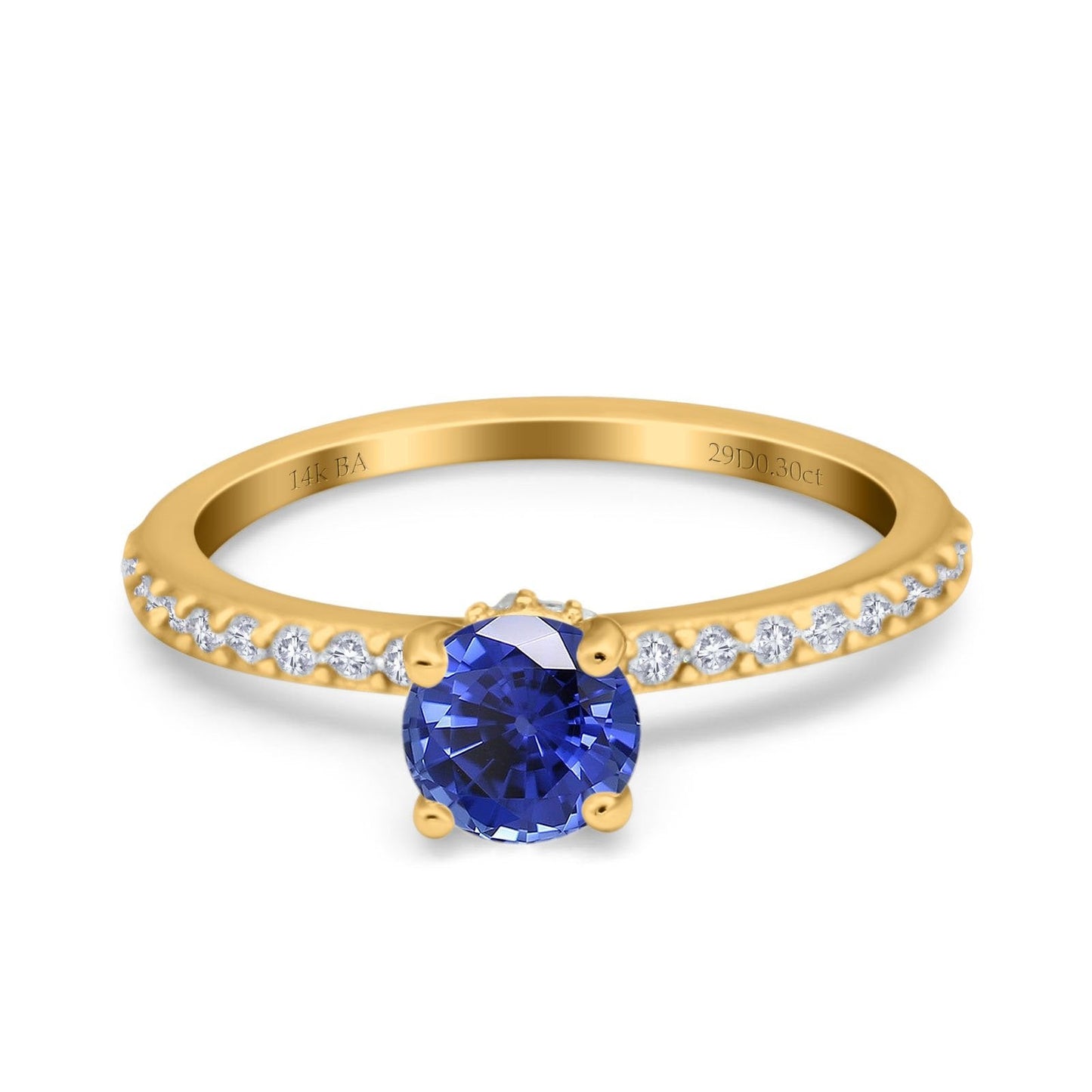 14K Yellow Gold 1.14ct Round Accent Vintage 6mm G SI Nano Blue Sapphire Diamond Engagement Wedding Ring Size 6.5