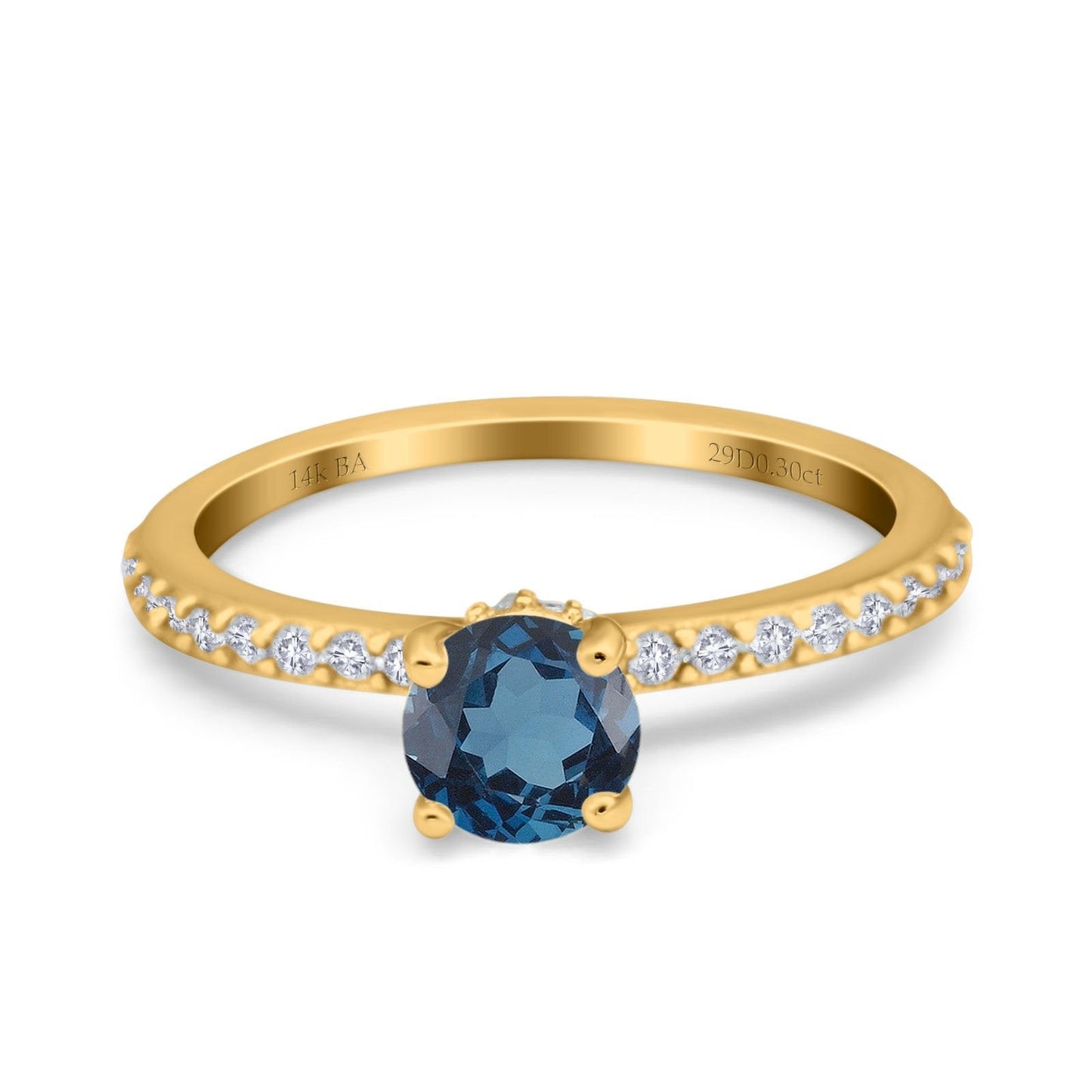 14K Yellow Gold 1.14ct Round Accent Vintage 6mm G SI London Blue Topaz Diamond Engagement Wedding Ring Size 6.5