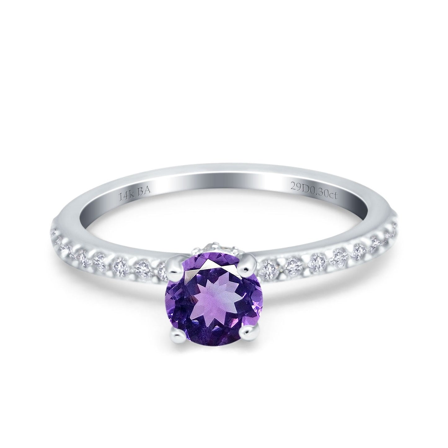 14K White Gold 1.14ct Round Accent Vintage 6mm G SI Natural Amethyst Diamond Engagement Wedding Ring Size 6.5