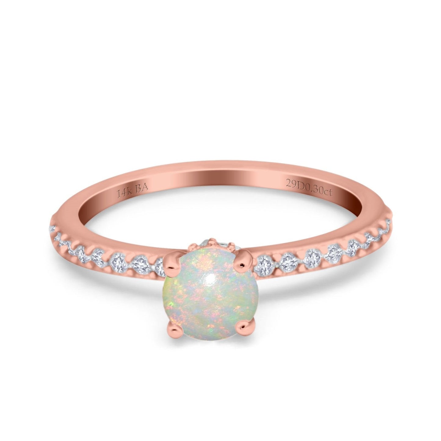 14K Rose Gold 0.30ct Round Accent Vintage 6mm G SI Natural White Opal Diamond Engagement Wedding Ring Size 6.5