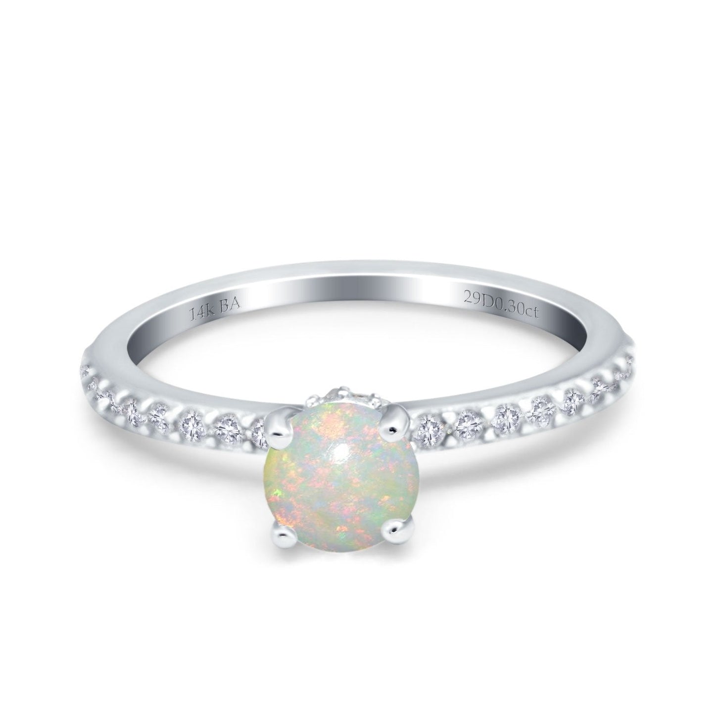 14K White Gold 0.30ct Round Accent Vintage 6mm G SI Natural White Opal Diamond Engagement Wedding Ring Size 6.5