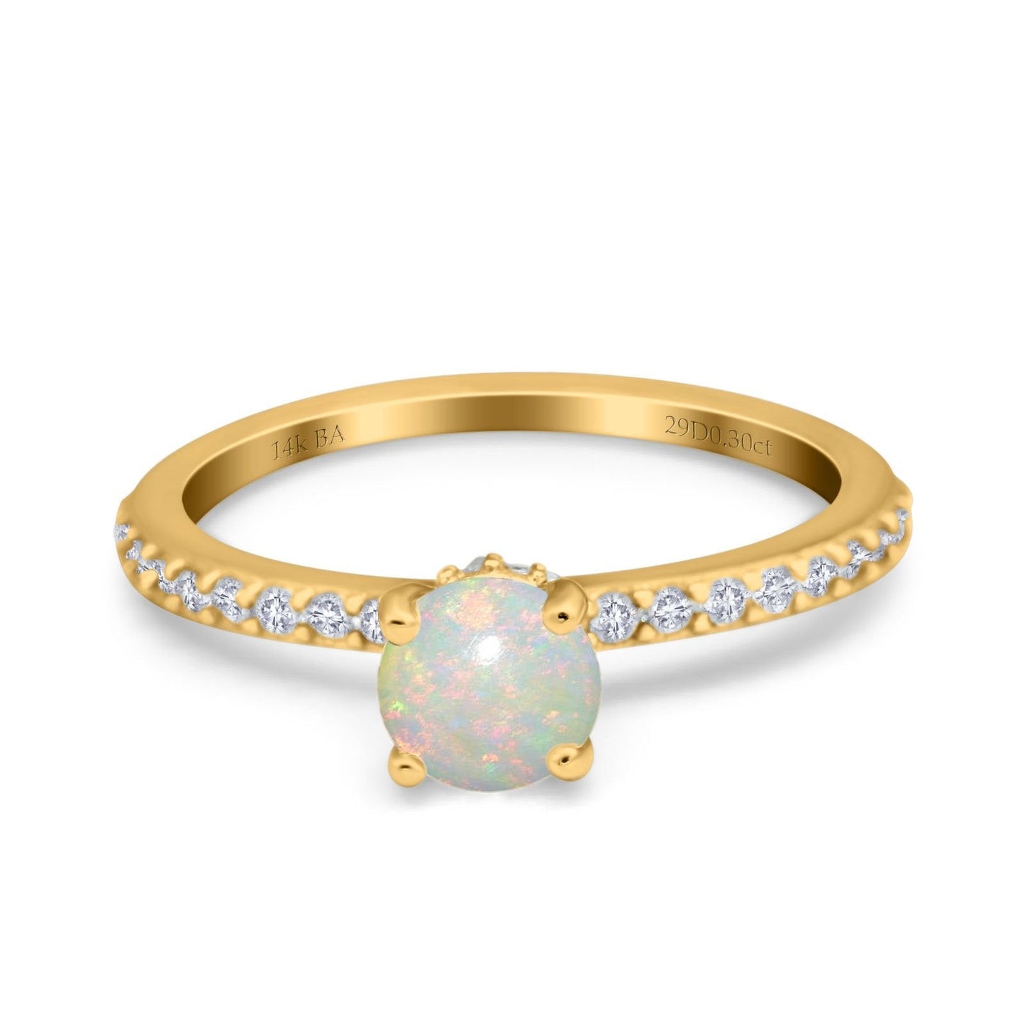 14K Yellow Gold 0.30ct Round Accent Vintage 6mm G SI Natural White Opal Diamond Engagement Wedding Ring Size 6.5