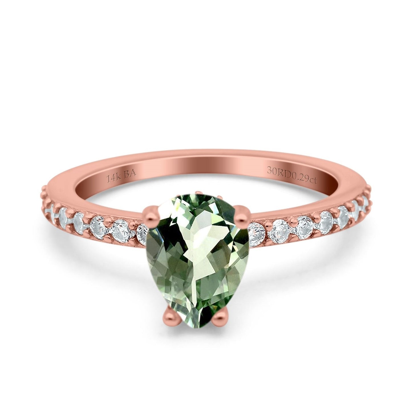 14K Rose Gold 1.54ct Teardrop Pear Accent 8mmx6mm G SI Natural Green Amethyst Diamond Engagement Wedding Ring Size 6.5