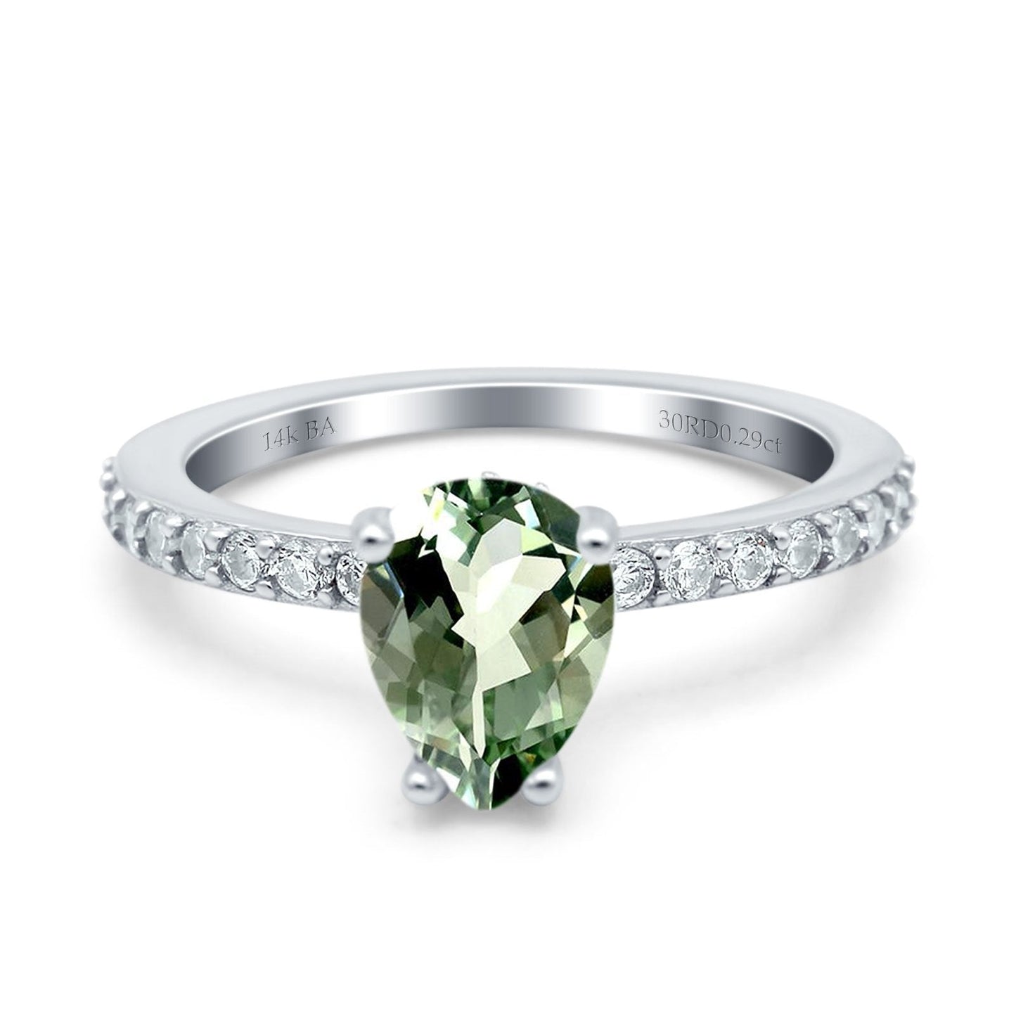 14K White Gold 1.54ct Teardrop Pear Accent 8mmx6mm G SI Natural Green Amethyst Diamond Engagement Wedding Ring Size 6.5