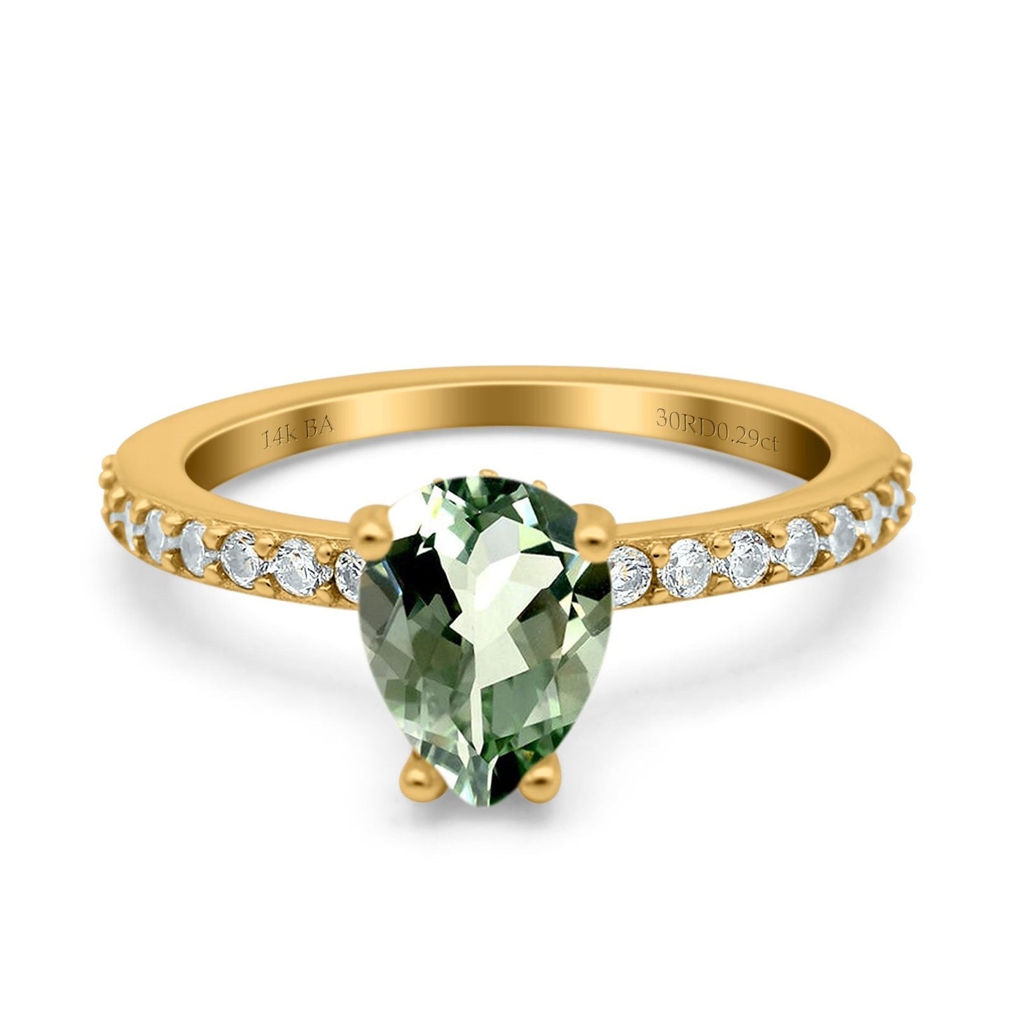 14K Yellow Gold 1.54ct Teardrop Pear Accent 8mmx6mm G SI Natural Green Amethyst Diamond Engagement Wedding Ring Size 6.5