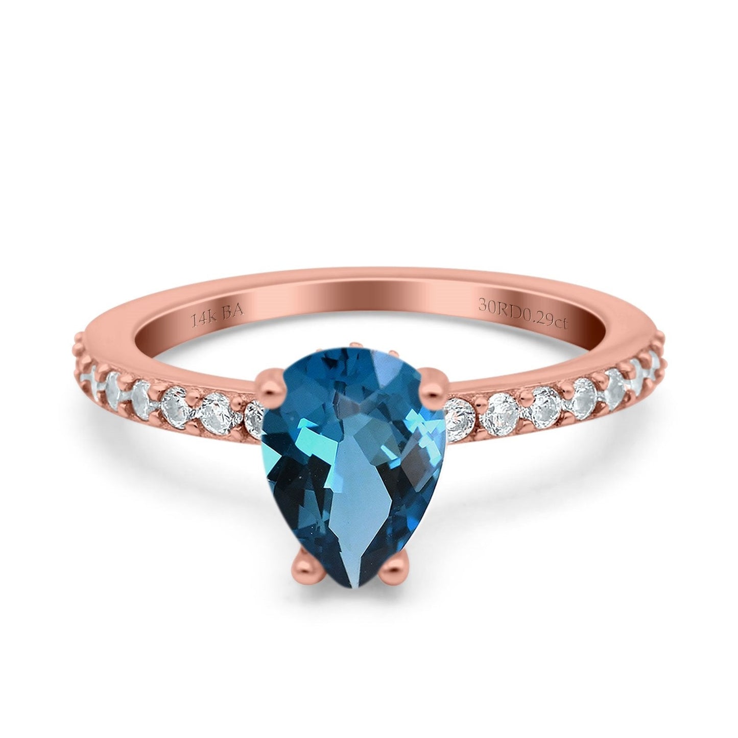 Bague de fiançailles en or rose 14 carats avec accent en forme de poire en forme de larme de 1,54 ct, 8 mm x 6 mm, topaze bleue de Londres, taille 6,5