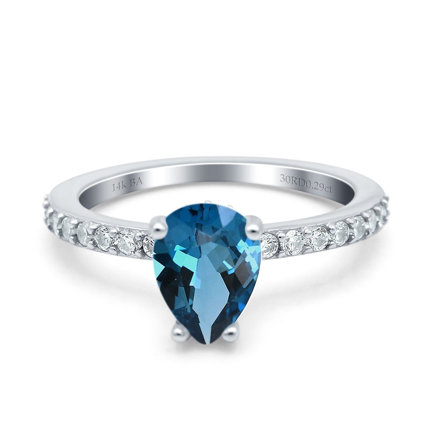 Bague de fiançailles en or blanc 14 carats avec accent en forme de poire en forme de larme de 1,54 ct, 8 mm x 6 mm, topaze bleue de Londres, taille 6,5