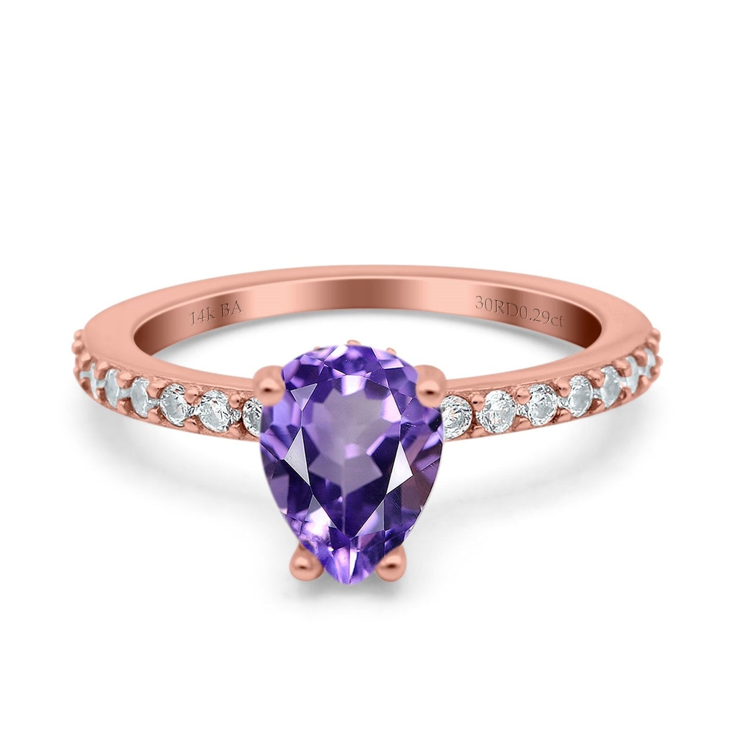 14K Rose Gold 1.54ct Teardrop Pear Accent 8mmx6mm G SI Natural Amethyst Diamond Engagement Wedding Ring Size 6.5