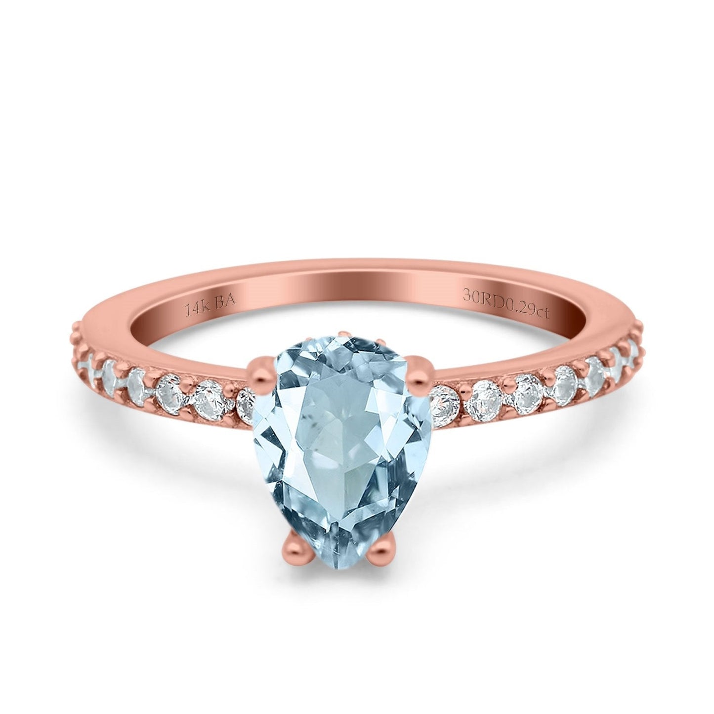 14K Rose Gold 1.54ct Teardrop Pear Accent 8mmx6mm G SI Natural Aquamarine Diamond Engagement Wedding Ring Size 6.5