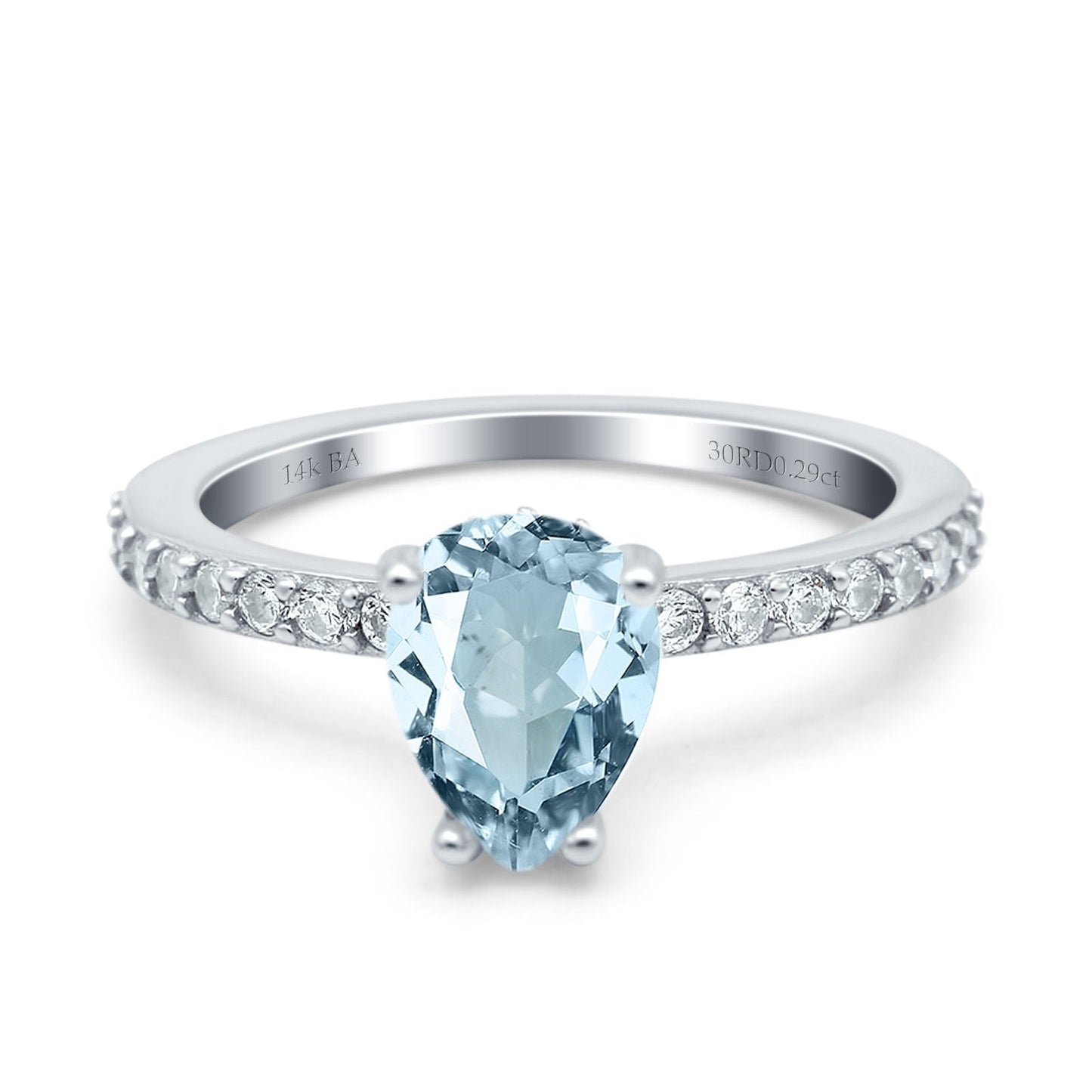 14K White Gold 1.54ct Teardrop Pear Accent 8mmx6mm G SI Natural Aquamarine Diamond Engagement Wedding Ring Size 6.5