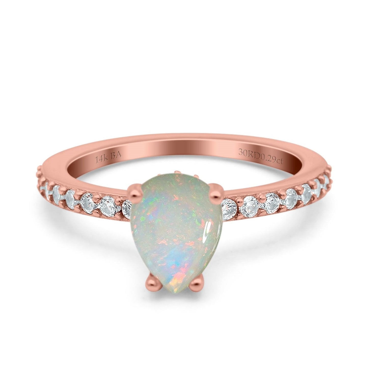 14K Rose Gold 0.29ct Teardrop Pear Accent 8mmx6mm G SI Natural White Opal Diamond Engagement Wedding Ring Size 6.5