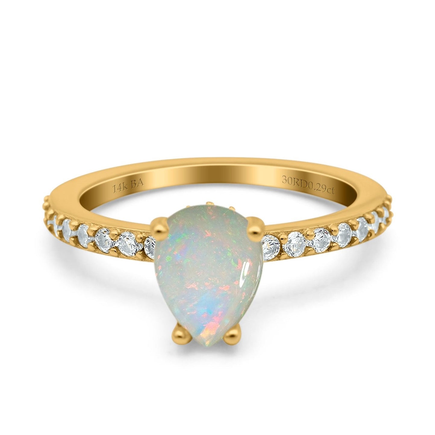 14K Yellow Gold 0.29ct Teardrop Pear Accent 8mmx6mm G SI Natural White Opal Diamond Engagement Wedding Ring Size 6.5