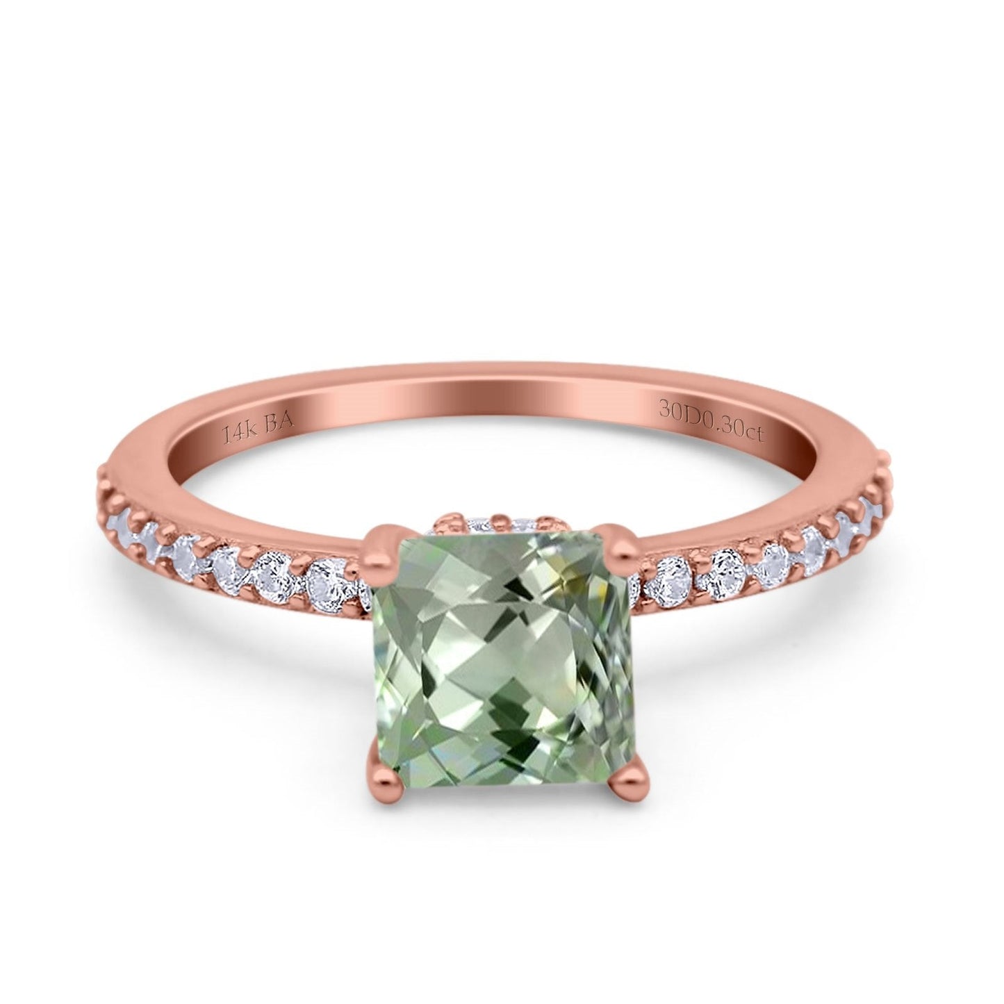 14K Rose Gold 1.55ct Cushion Cut Vintage 7mm G SI Natural Green Amethyst Diamond Engagement Wedding Ring Size 6.5