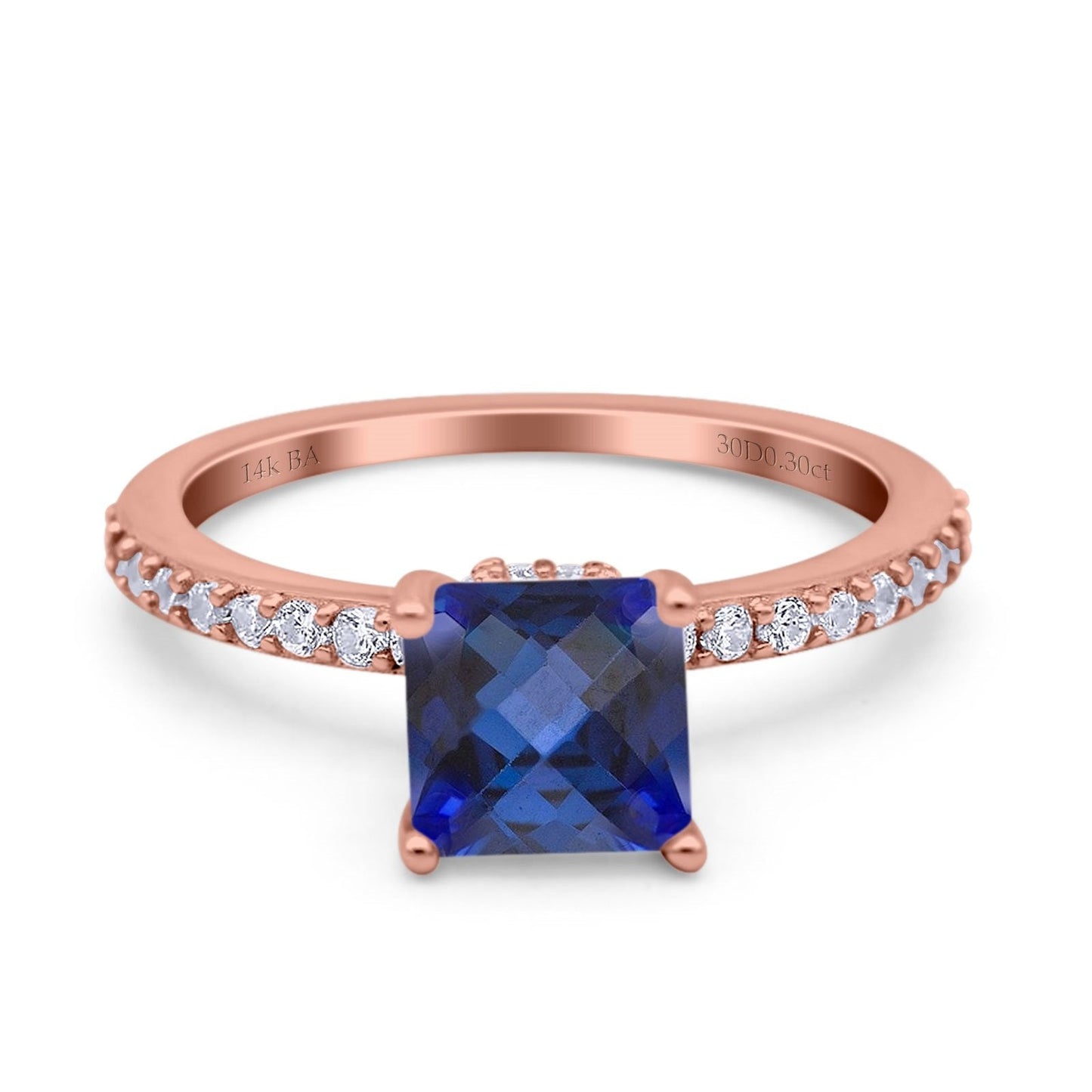 14K Rose Gold 1.55ct Cushion Cut Vintage 7mm G SI Nano Blue Sapphire Diamond Engagement Wedding Ring Size 6.5