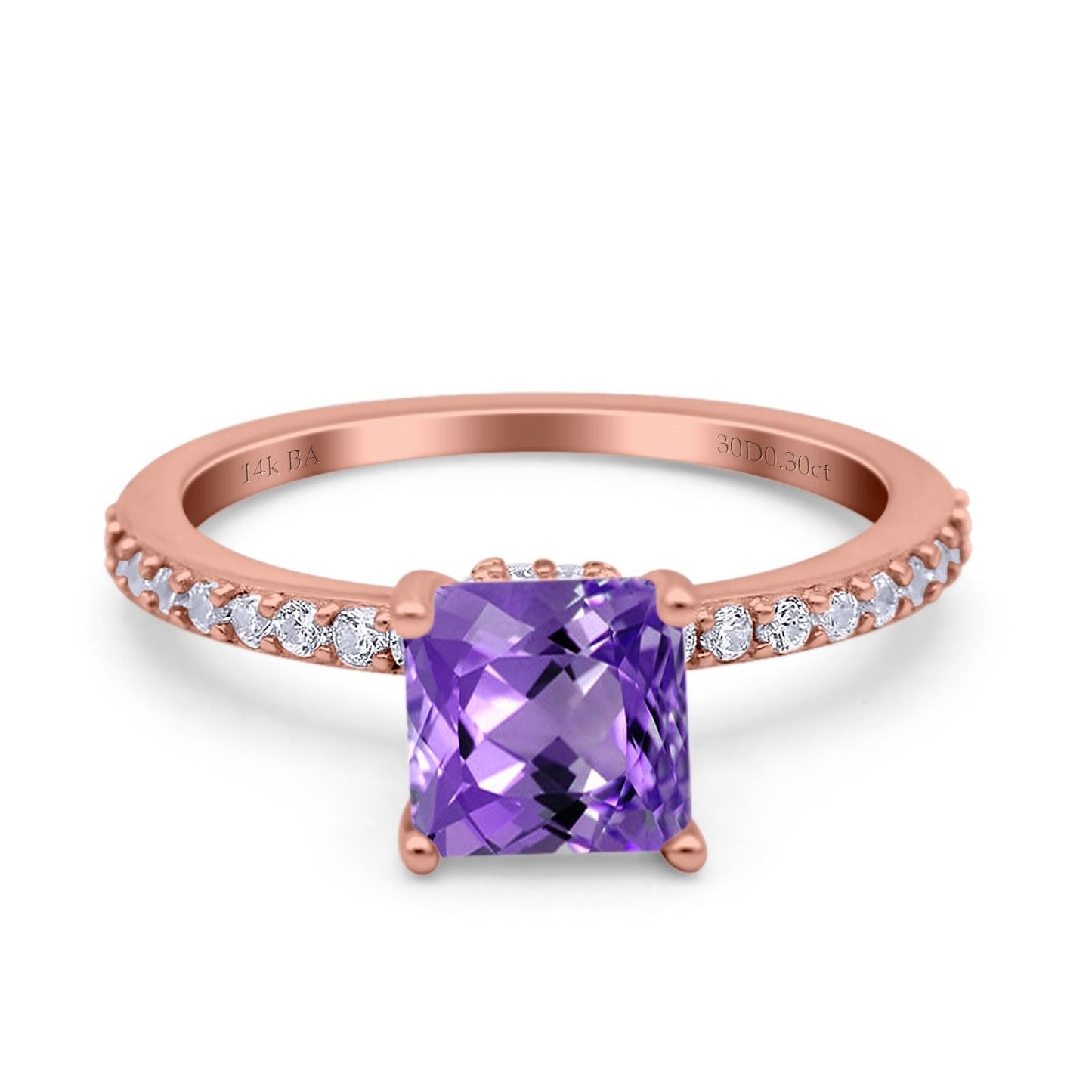 14K Rose Gold 1.55ct Cushion Cut Vintage 7mm G SI Natural Amethyst Diamond Engagement Wedding Ring Size 6.5