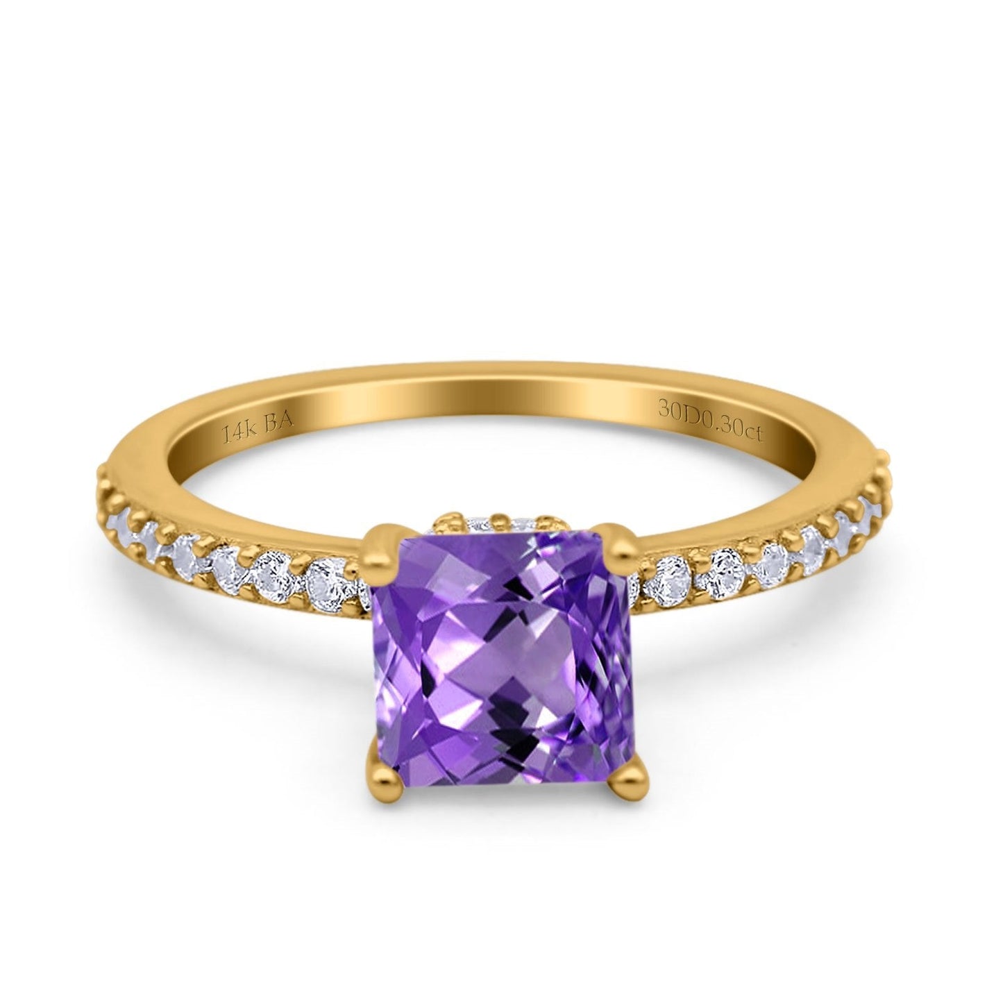 14K Yellow Gold 1.55ct Cushion Cut Vintage 7mm G SI Natural Amethyst Diamond Engagement Wedding Ring Size 6.5