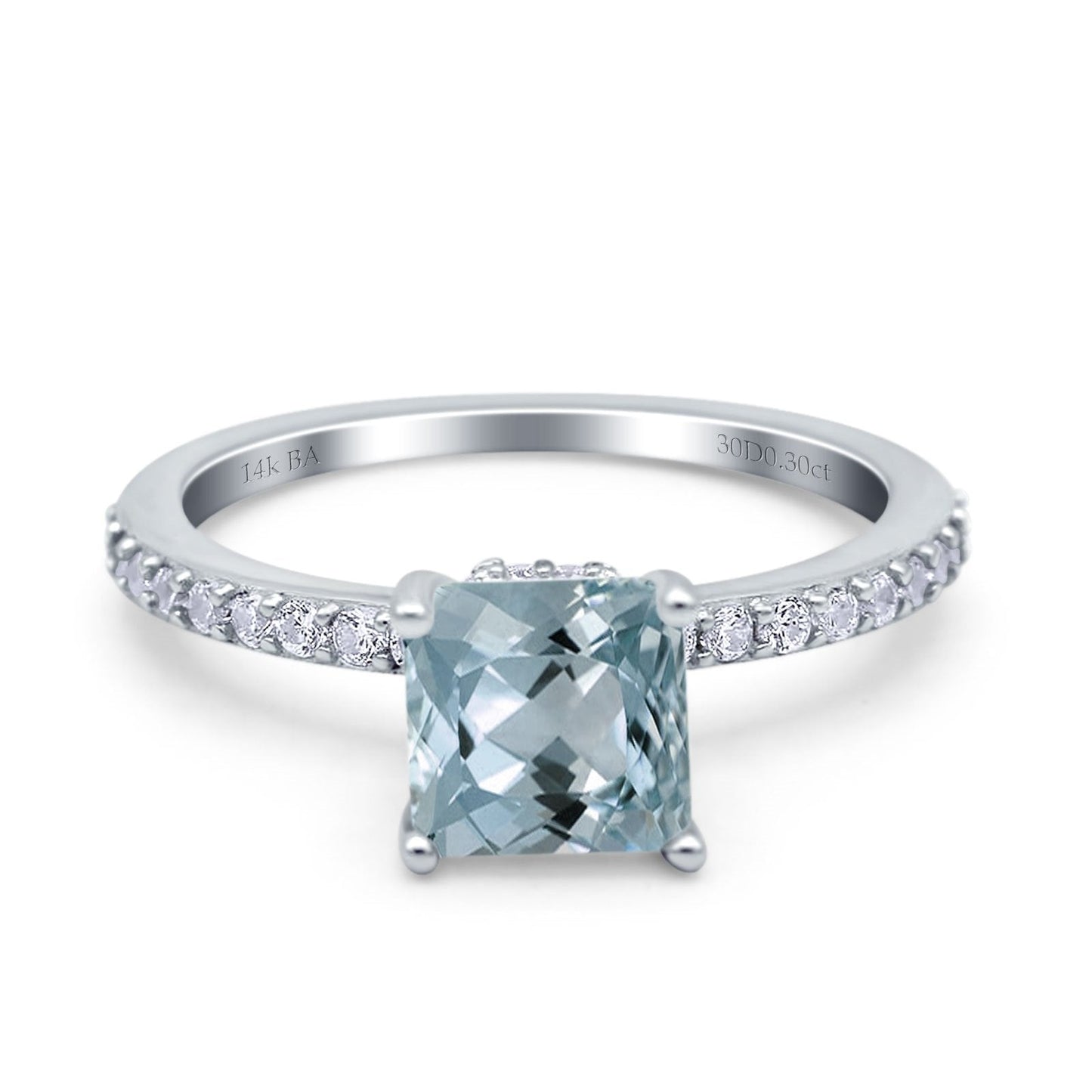 14K White Gold 1.55ct Cushion Cut Vintage 7mm G SI Natural Aquamarine Diamond Engagement Wedding Ring Size 6.5