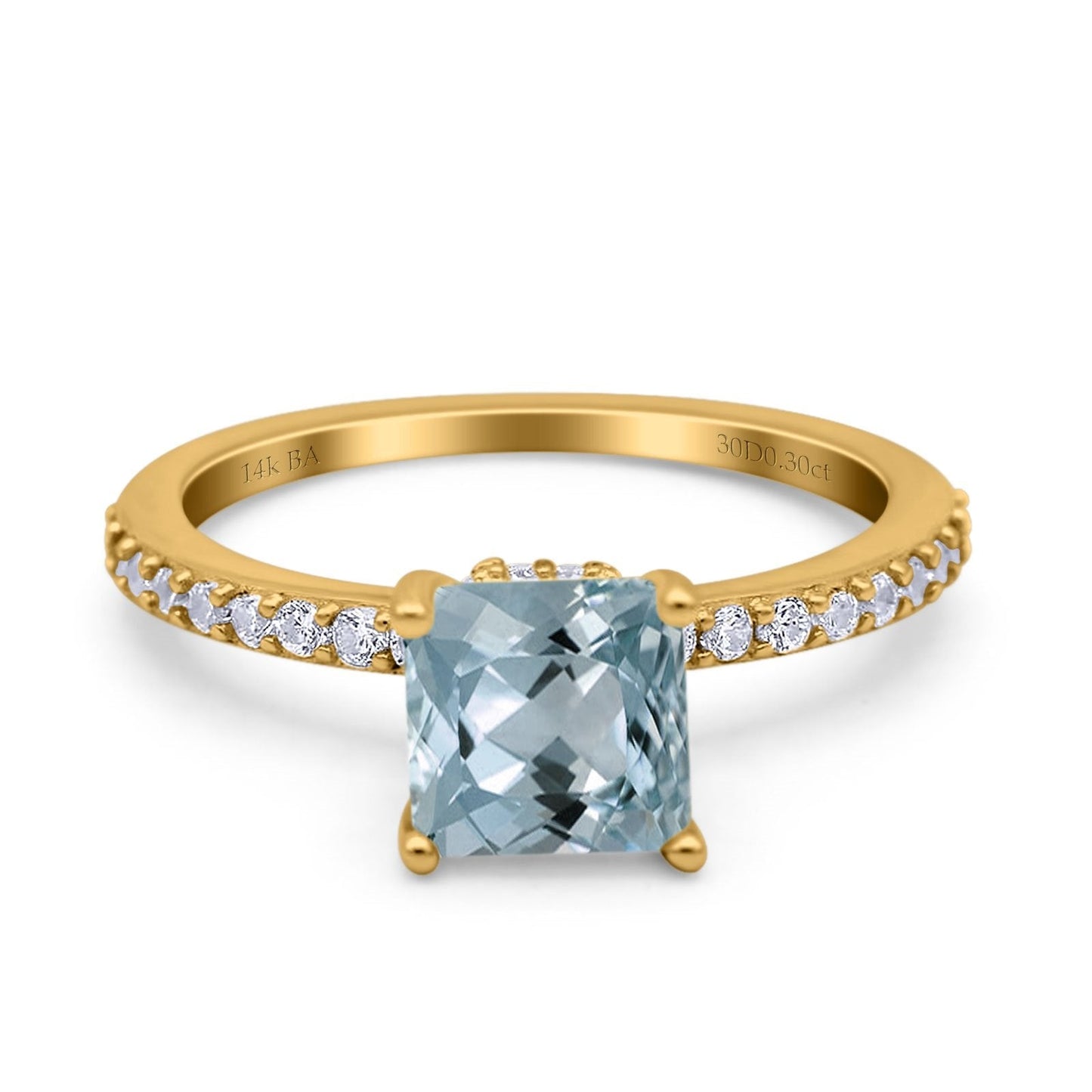 14K Yellow Gold 1.55ct Cushion Cut Vintage 7mm G SI Natural Aquamarine Diamond Engagement Wedding Ring Size 6.5