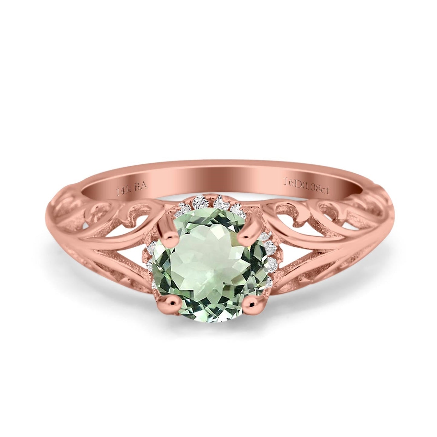 14K Rose Gold 1.11ct Round Art Deco Filigree 6.5mm G SI Natural Green Amethyst Diamond Engagement Wedding Ring Size 6.5