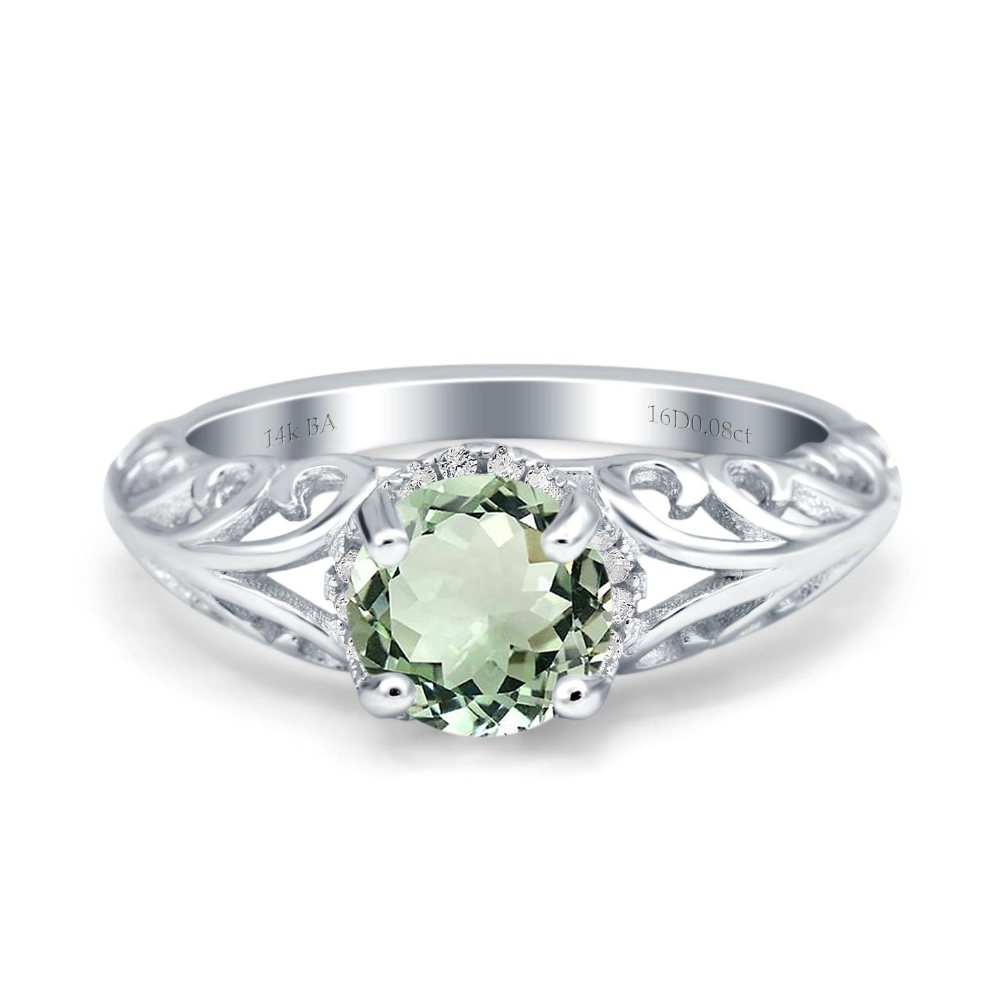 14K White Gold 1.11ct Round Art Deco Filigree 6.5mm G SI Natural Green Amethyst Diamond Engagement Wedding Ring Size 6.5