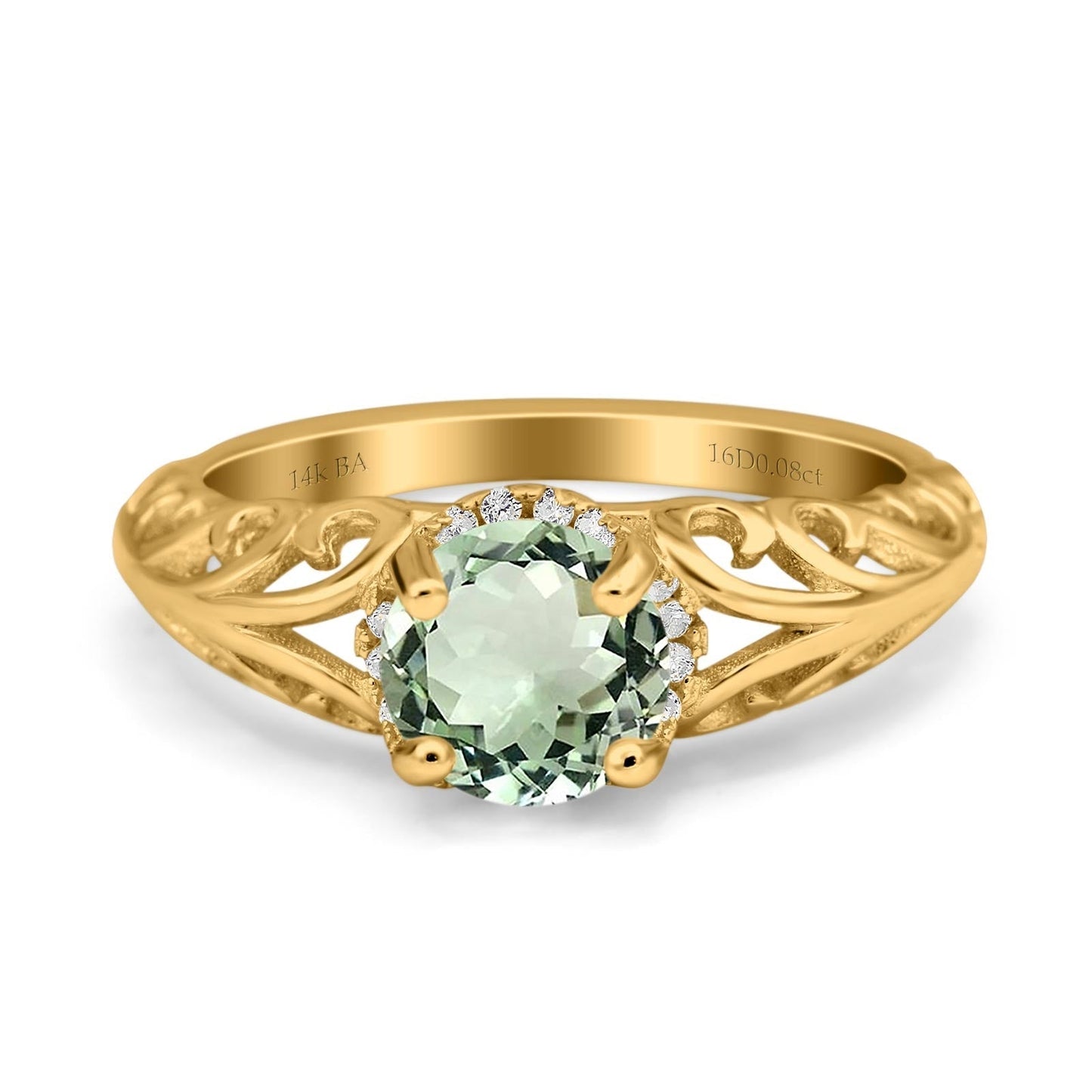 14K Yellow Gold 1.11ct Round Art Deco Filigree 6.5mm G SI Natural Green Amethyst Diamond Engagement Wedding Ring Size 6.5