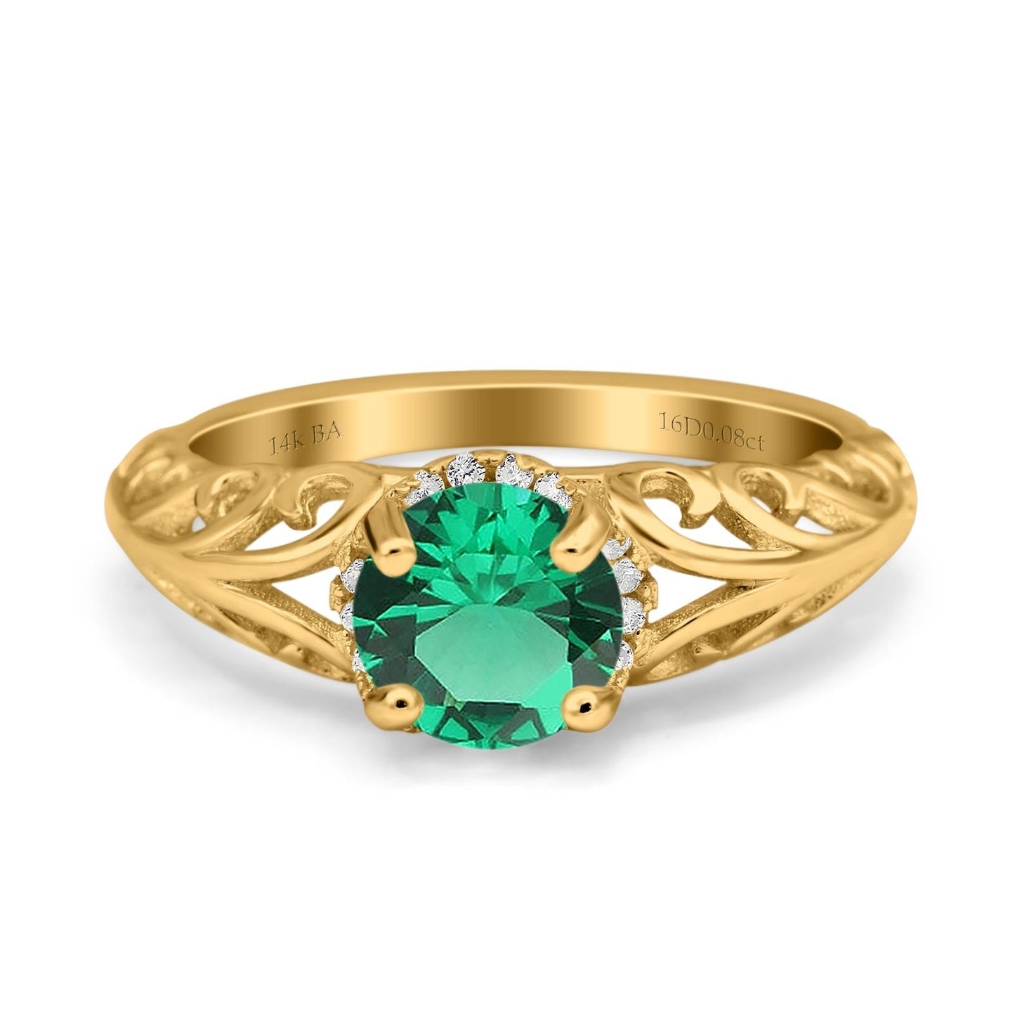 14K Yellow Gold 1.11ct Round Art Deco Filigree 6.5mm G SI Nano Emerald Diamond Engagement Wedding Ring Size 6.5