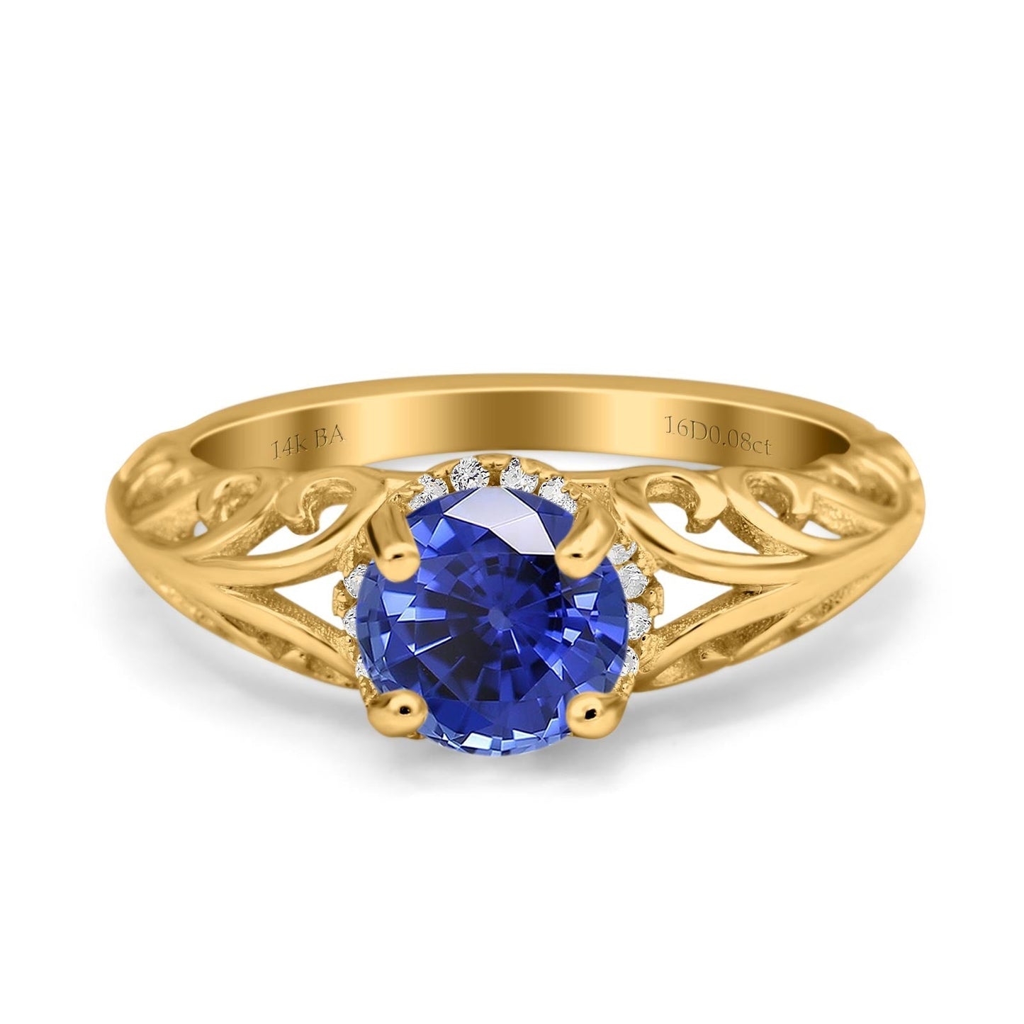 14K Yellow Gold 1.11ct Round Art Deco Filigree 6.5mm G SI Nano Blue Sapphire Diamond Engagement Wedding Ring Size 6.5