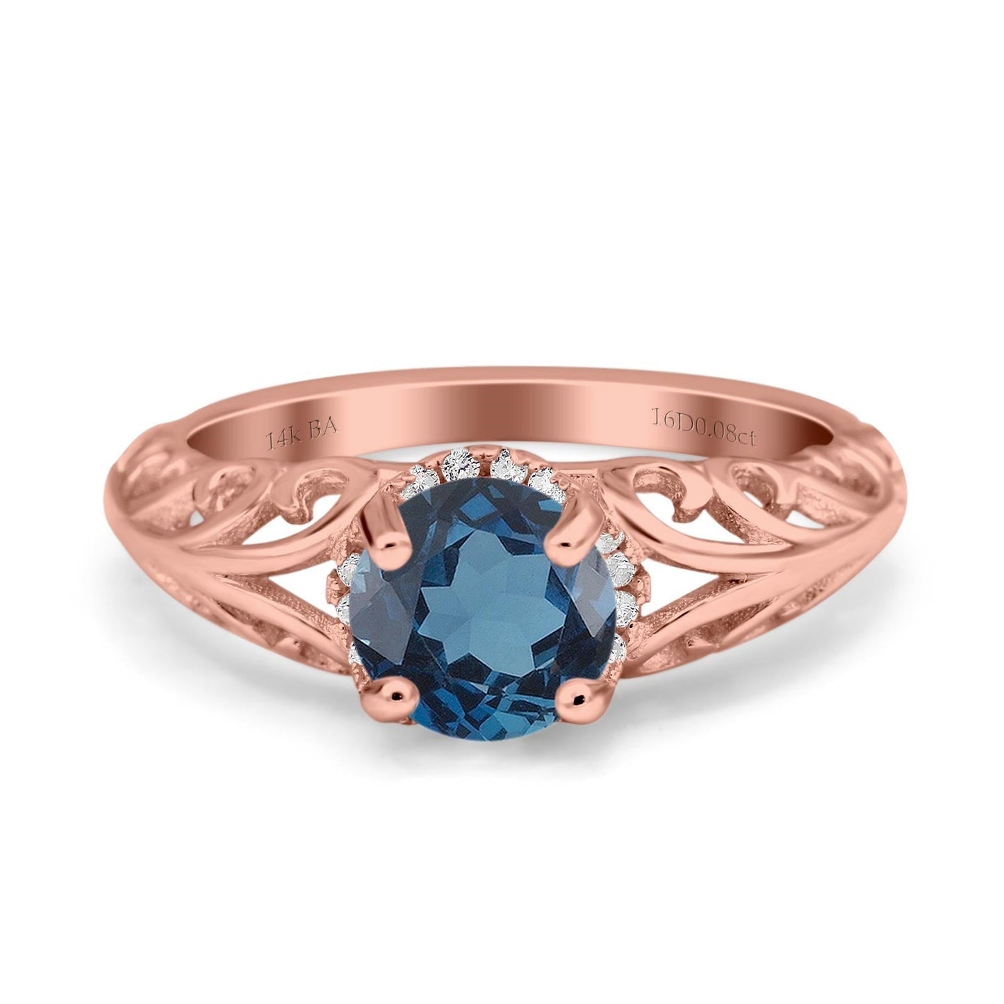 14K Rose Gold 1.11ct Round Art Deco Filigree 6.5mm G SI London Blue Topaz Diamond Engagement Wedding Ring Size 6.5