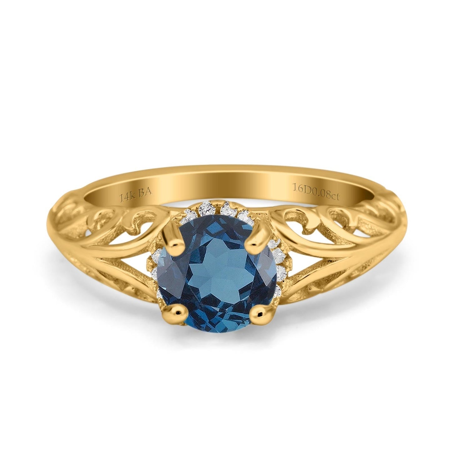 14K Yellow Gold 1.11ct Round Art Deco Filigree 6.5mm G SI London Blue Topaz Diamond Engagement Wedding Ring Size 6.5