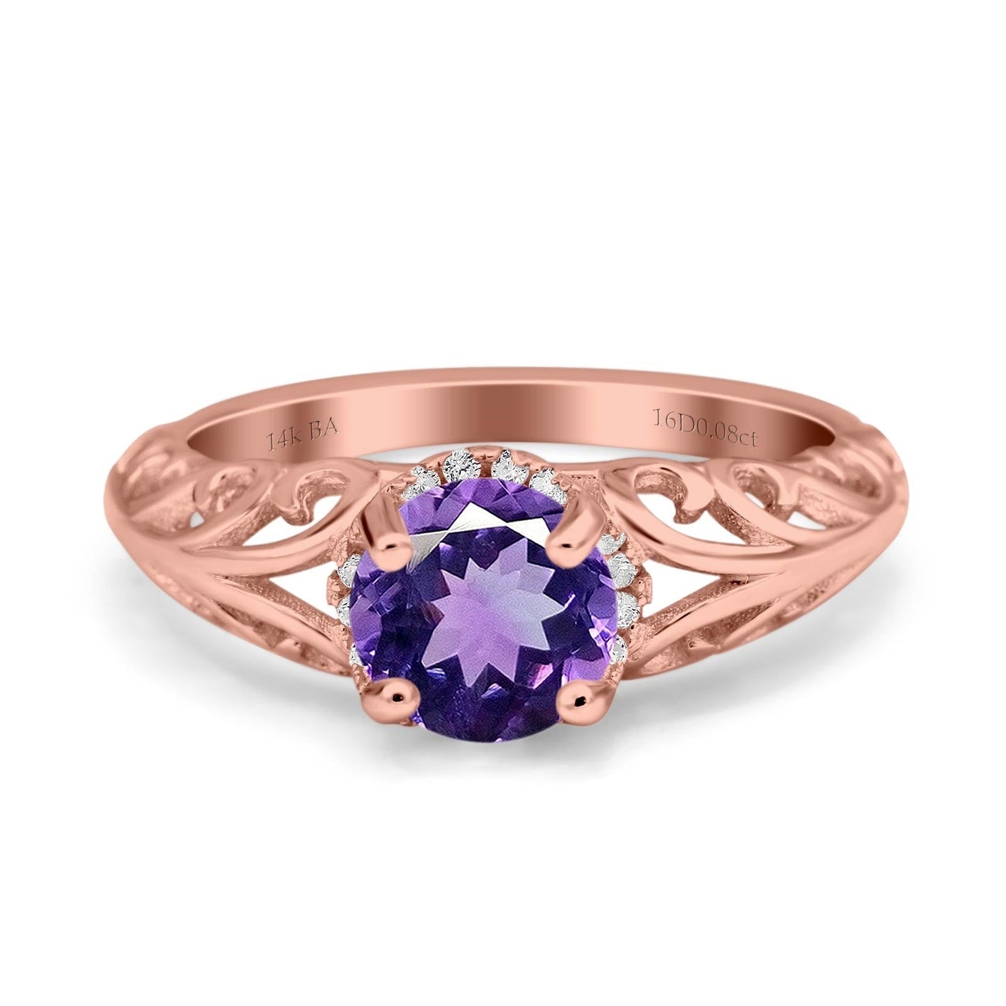 14K Rose Gold 1.11ct Round Art Deco Filigree 6.5mm G SI Natural Amethyst Diamond Engagement Wedding Ring Size 6.5