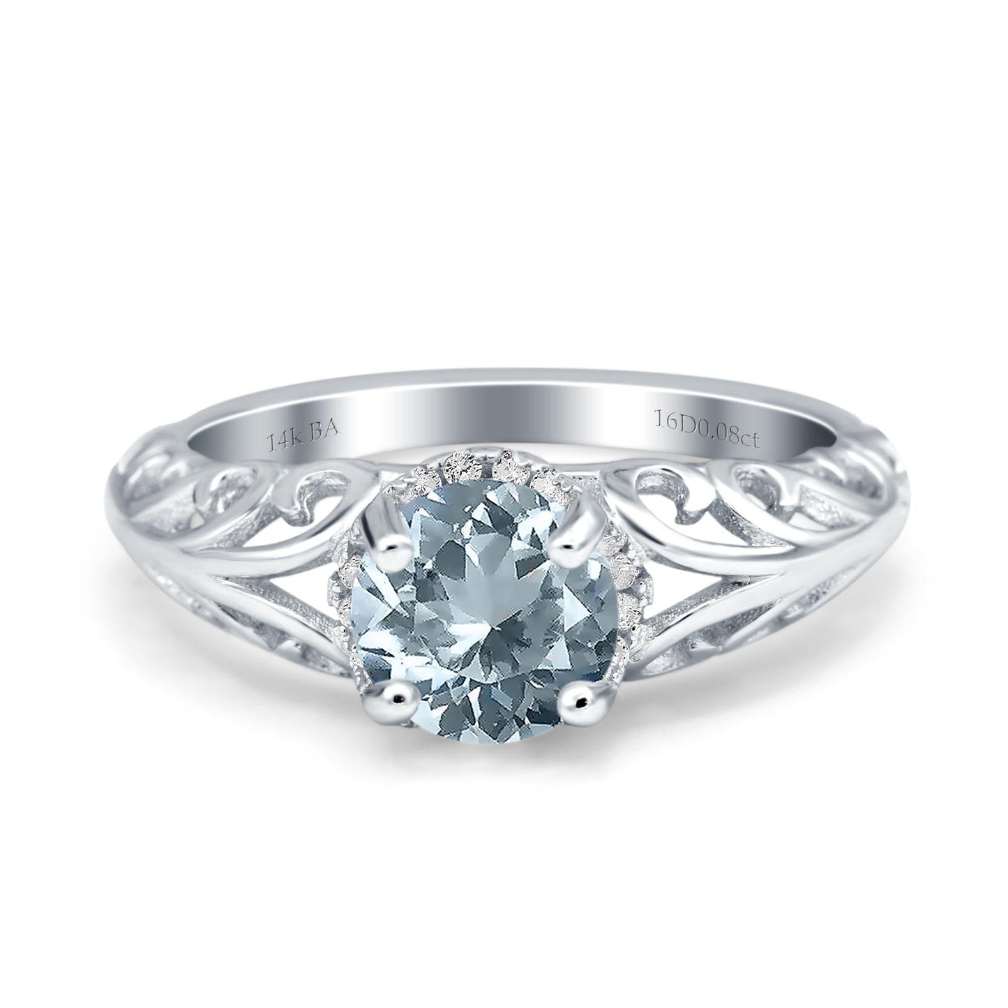 14K White Gold 1.11ct Round Art Deco Filigree 6.5mm G SI Natural Aquamarine Diamond Engagement Wedding Ring Size 6.5