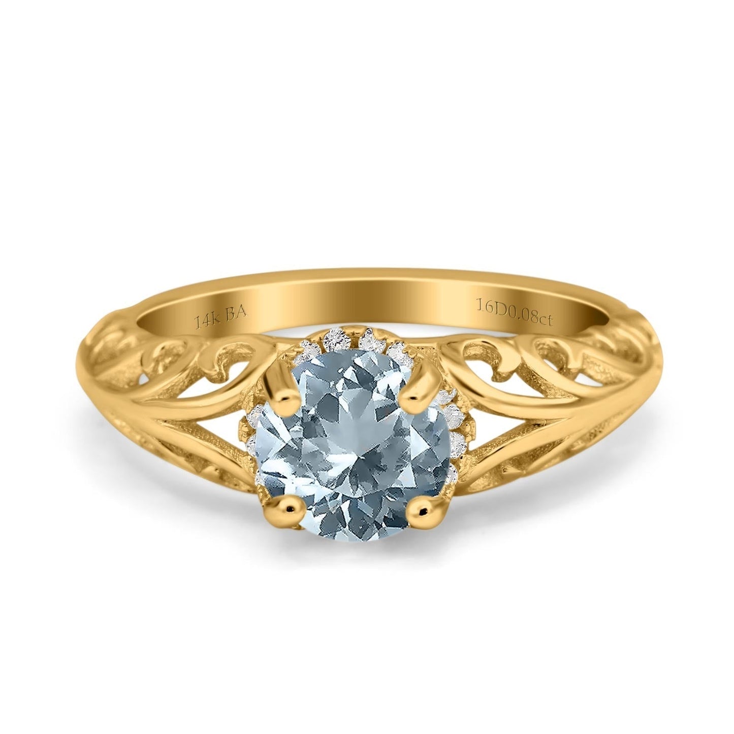 14K Yellow Gold 1.11ct Round Art Deco Filigree 6.5mm G SI Natural Aquamarine Diamond Engagement Wedding Ring Size 6.5