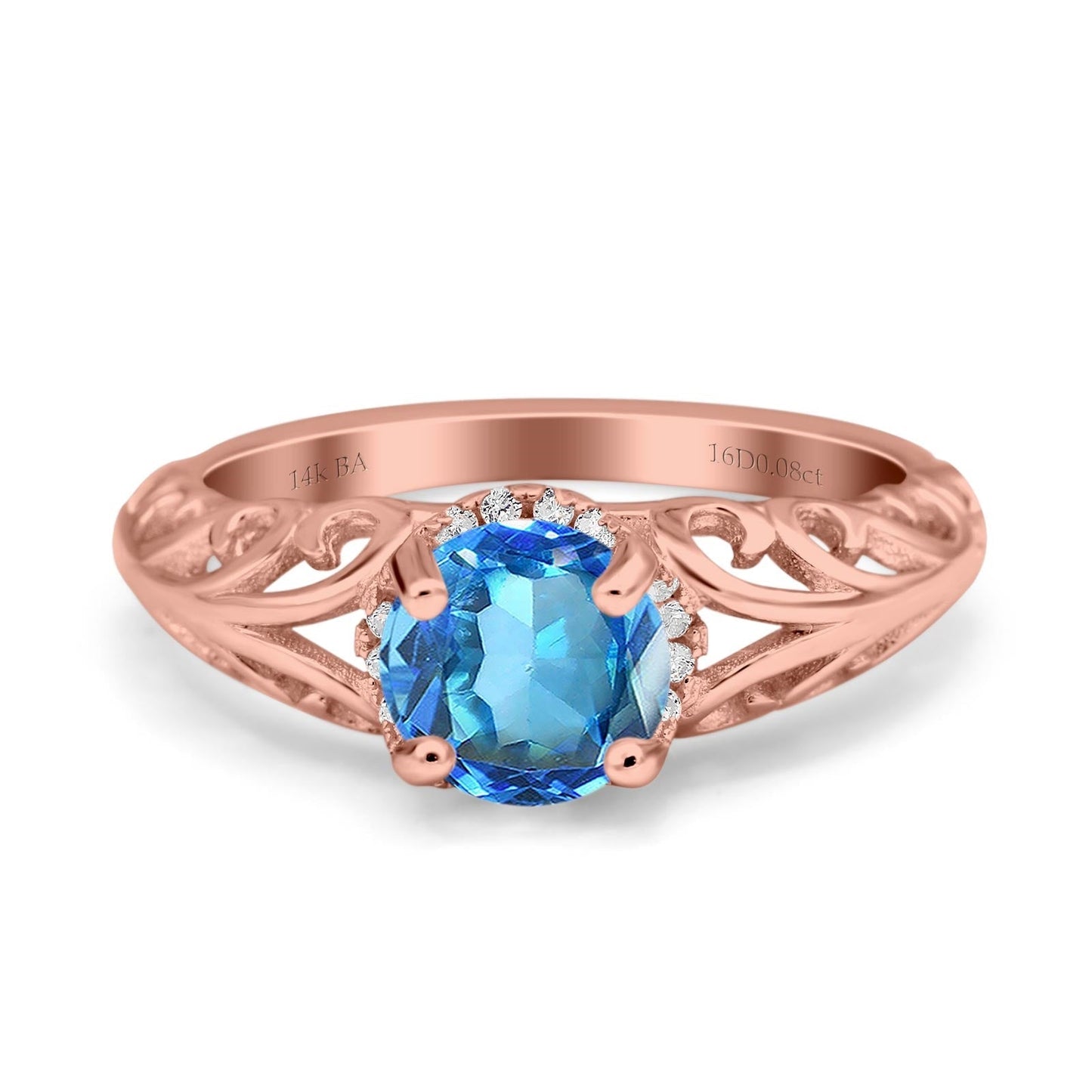 14K Rose Gold 1.11ct Round Art Deco Filigree 6.5mm G SI Natural Blue Topaz Diamond Engagement Wedding Ring Size 6.5